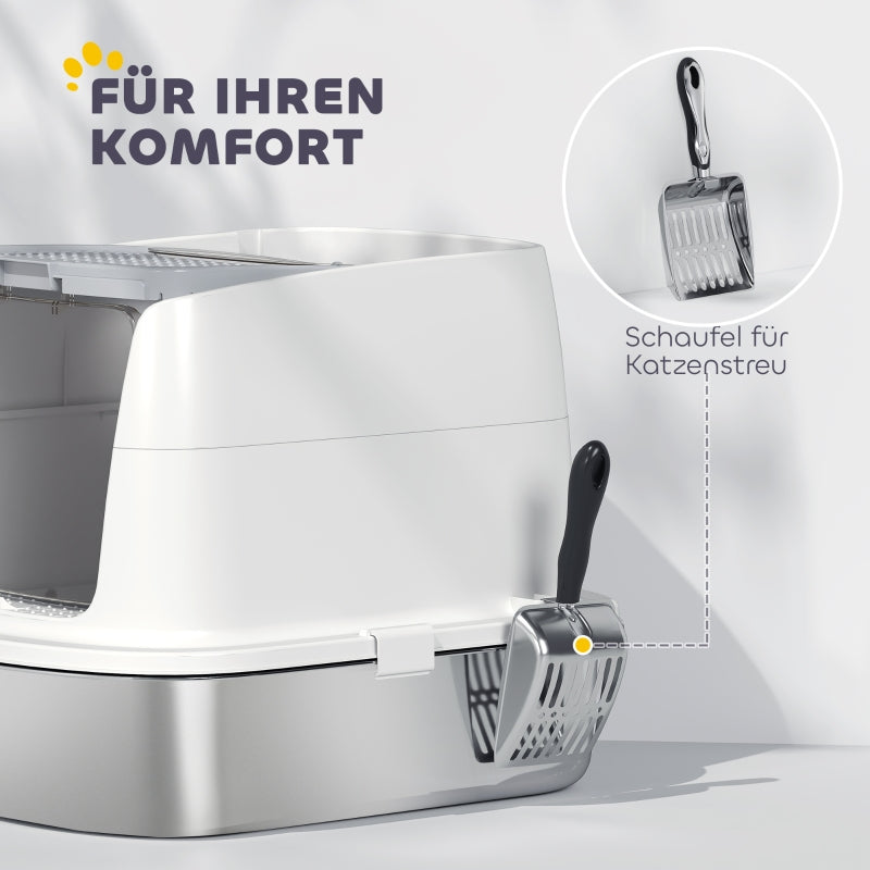 Stainless Steel Cat Litter Box, Enclosed with Scoop, Odor Bag, Entry/Exit