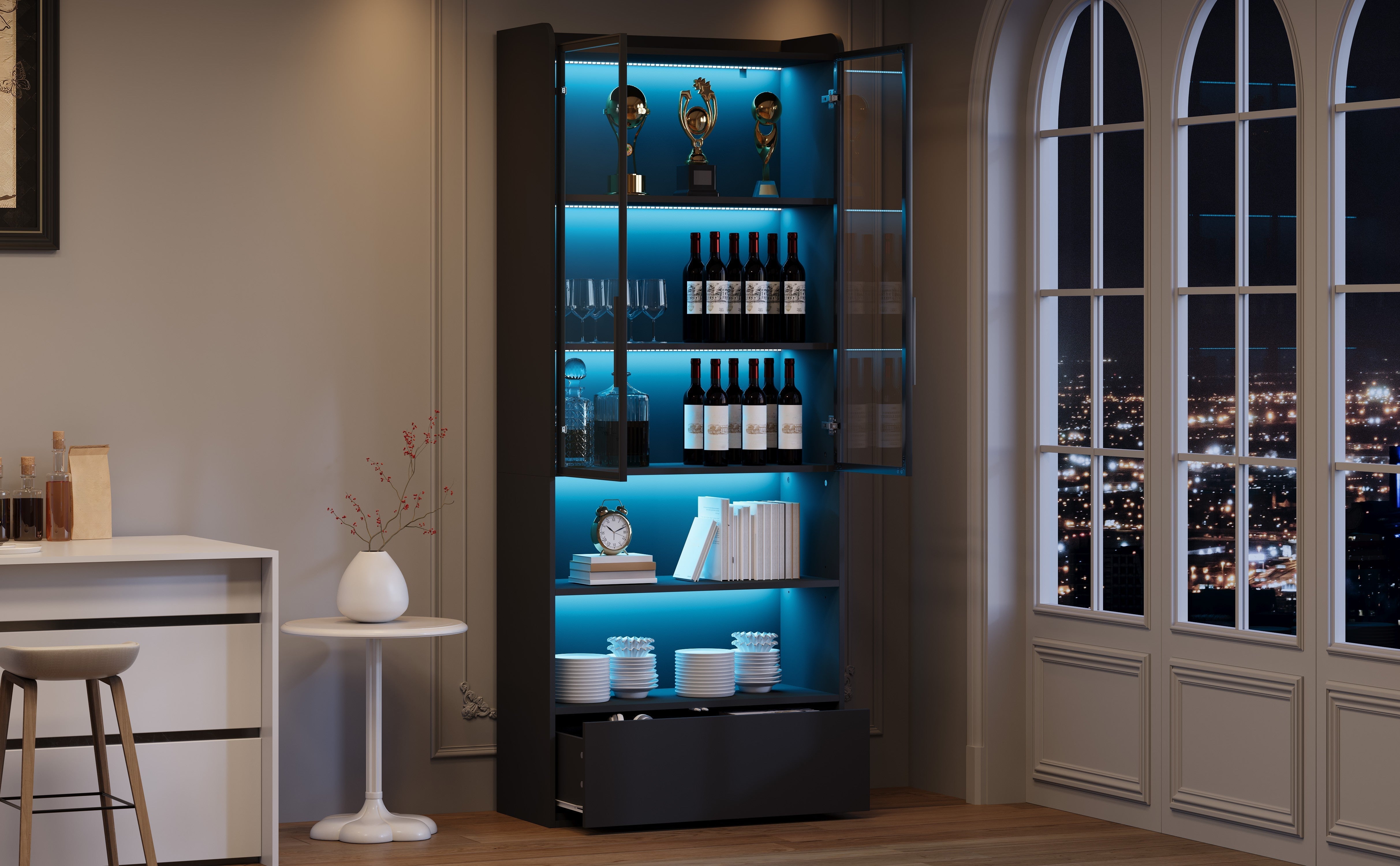 Tall Display Cabinet with 1 Drawer, LED Lighting and Glass Doors, Black