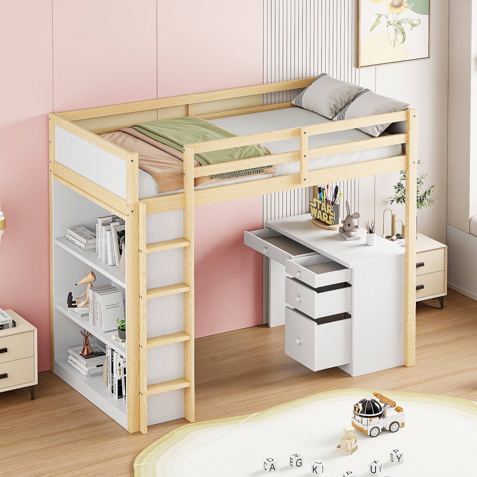 Loft Bed, Multifunctional with Storage & Desk, 90x200cm Wood