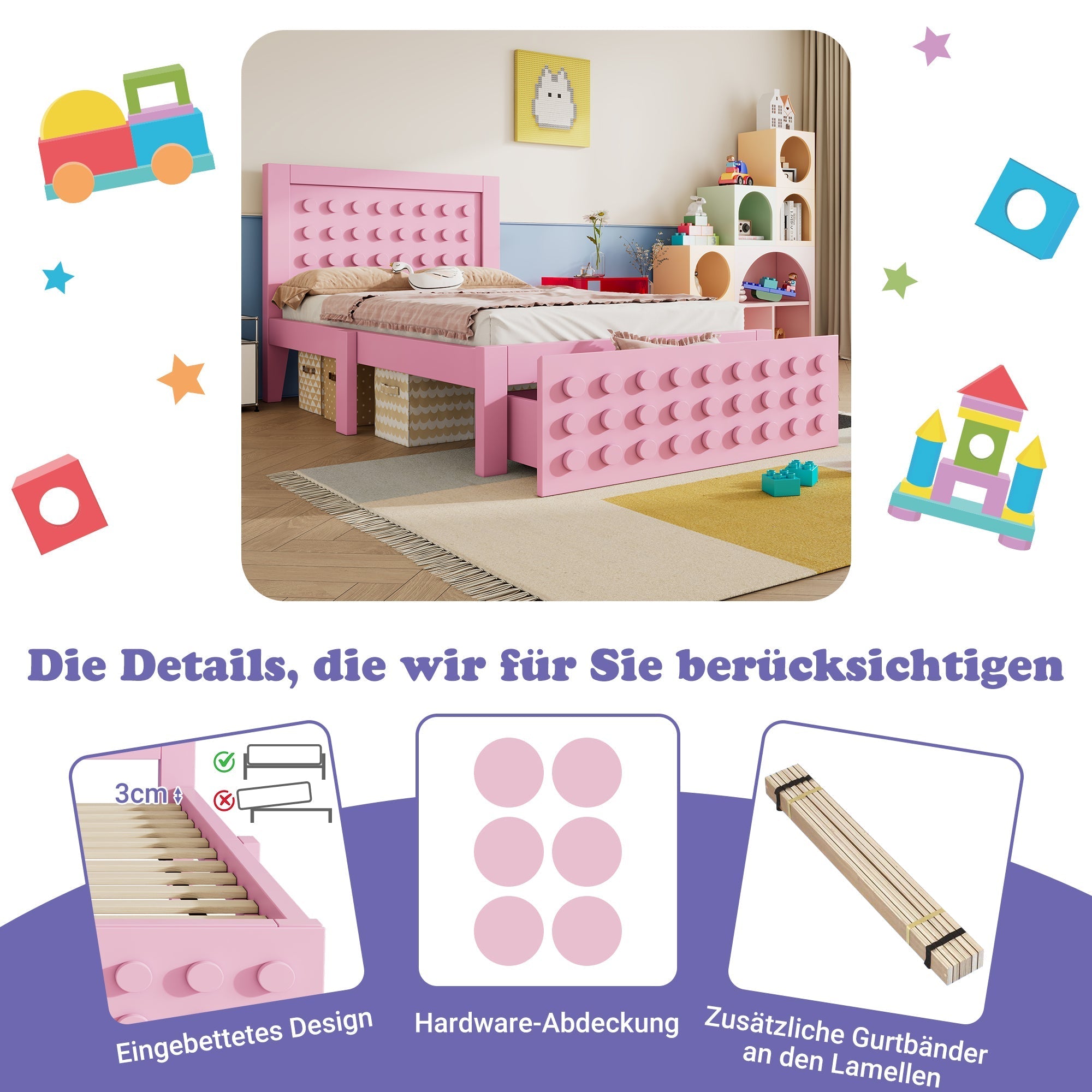 Wooden Single Bed, 90x200 cm with Drawers, Pink