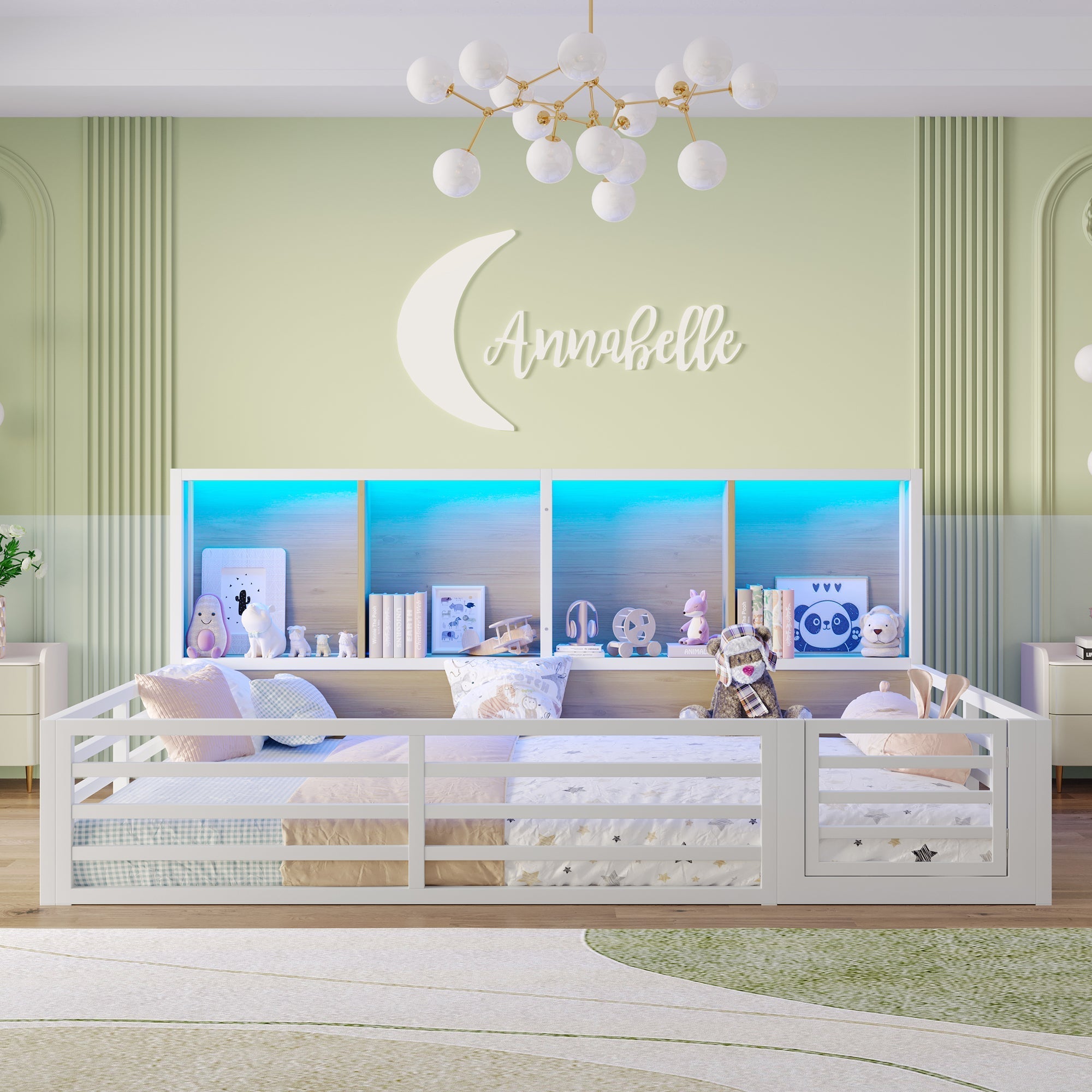 Fence Daybed with Storage Compartment and Railing, 140 x 200cm, White Metal and MDF