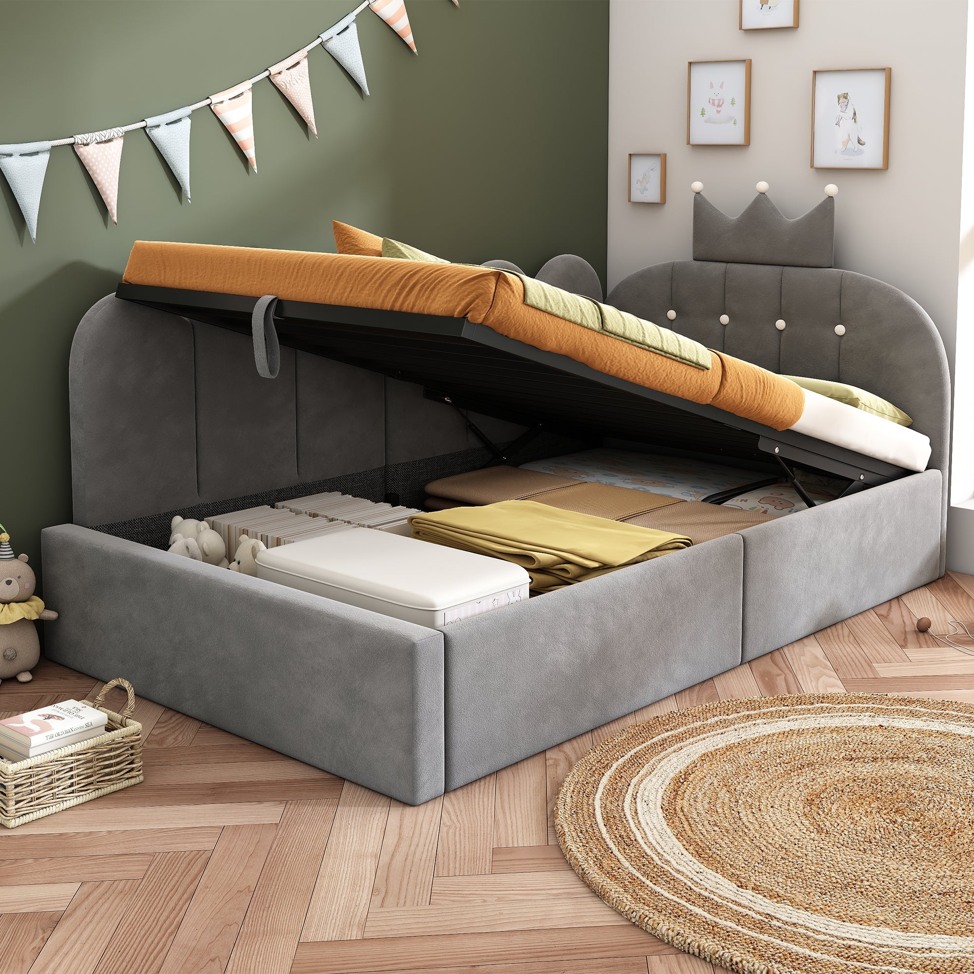 Upholstered Daybed with Hydraulic Storage and Crown-Lattice Design, 90x190cm, Grey Velvet
