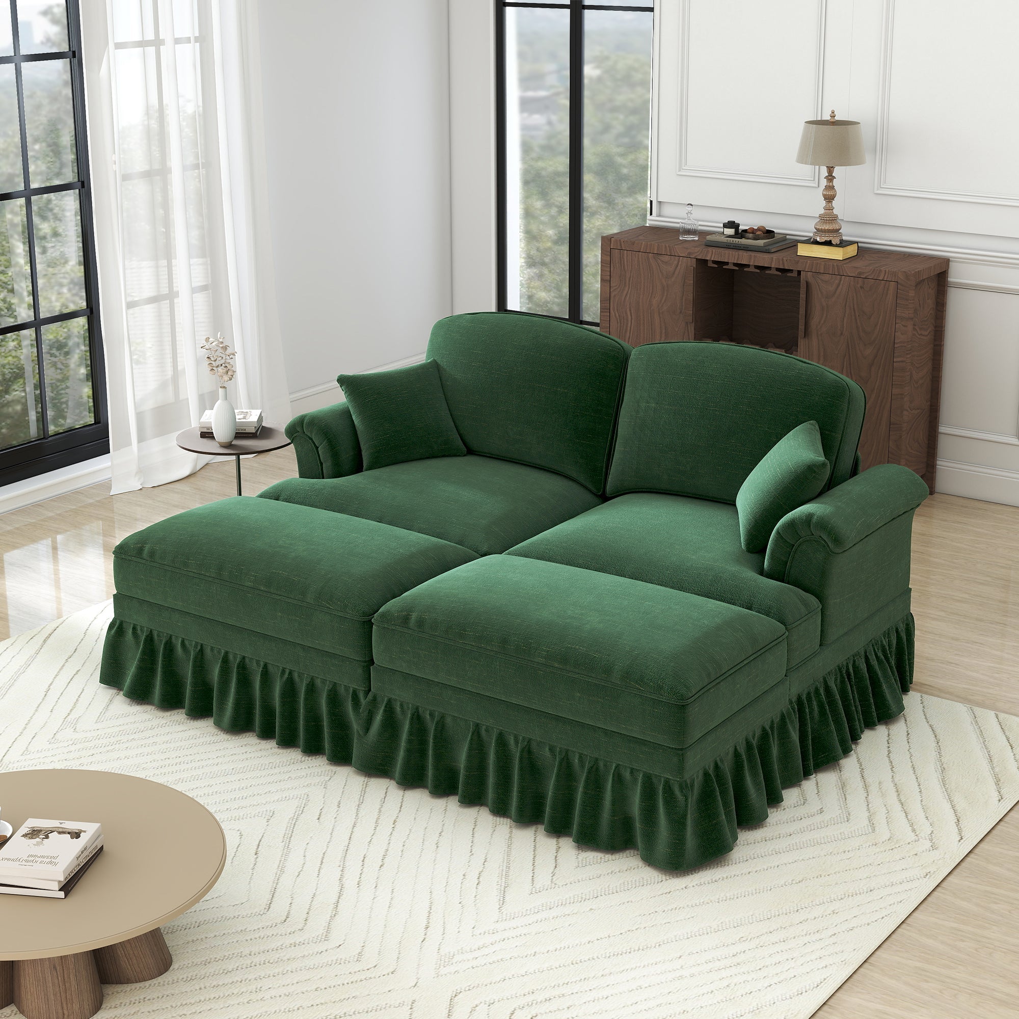 Classic Modular 2-Seater Sofa Movable Ottoman Funnel Armrests Chenille Green
