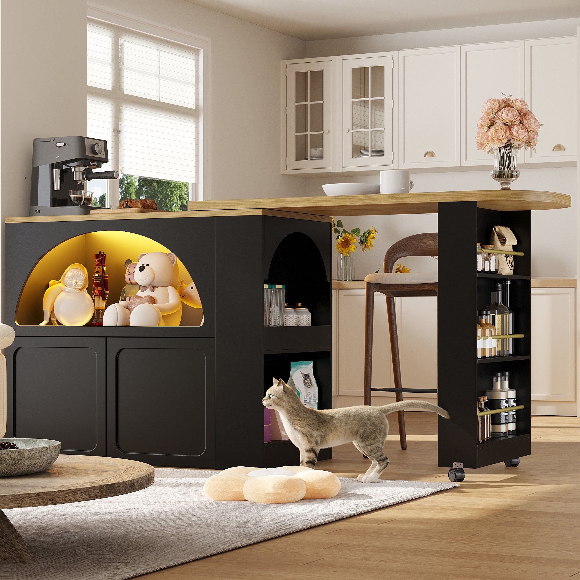 Extendable Bar Table with Storage, Movable, LED Lighting, Black