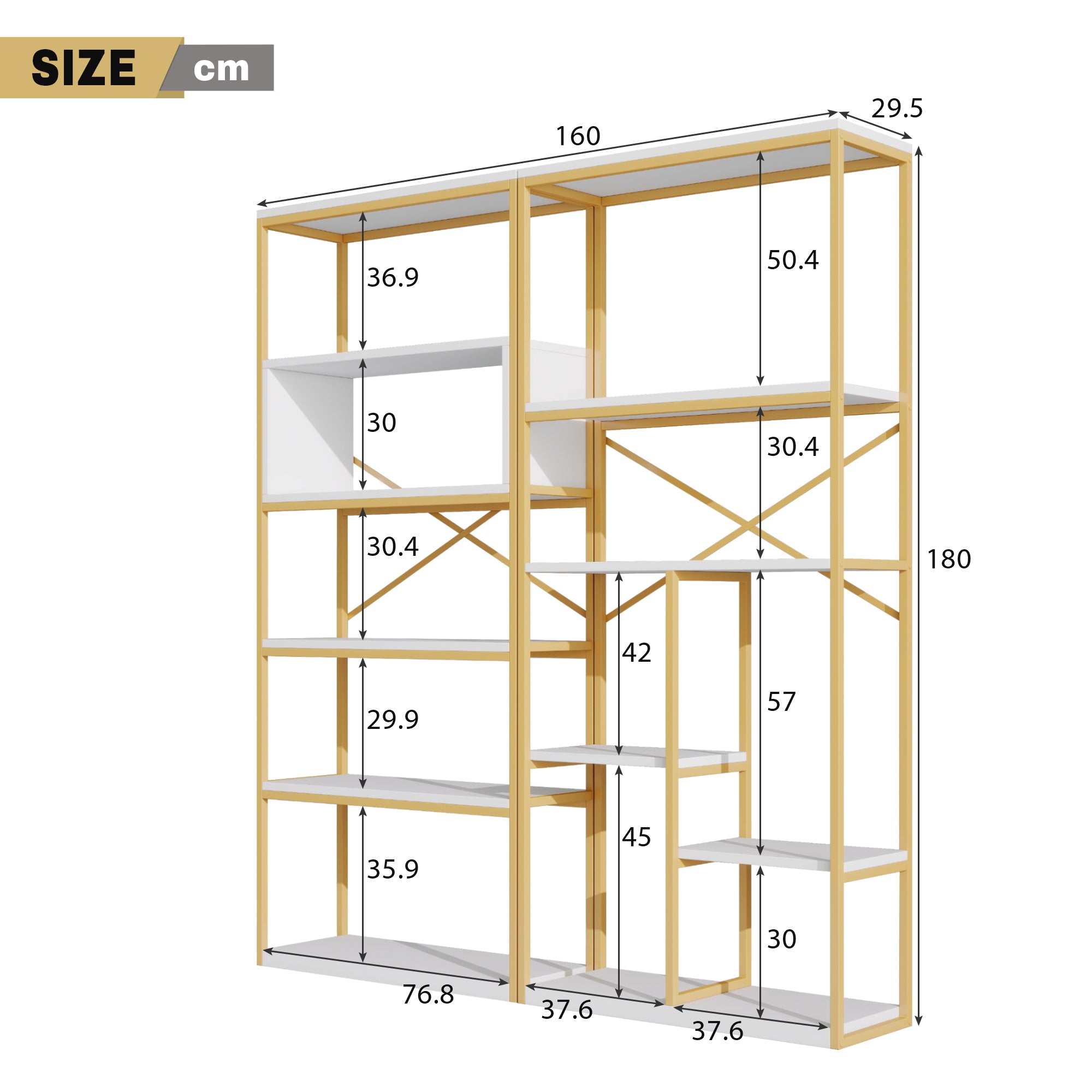 Modern Minimalist Shelf with Multi-Tier Storage and Steel Frame, Gold and White