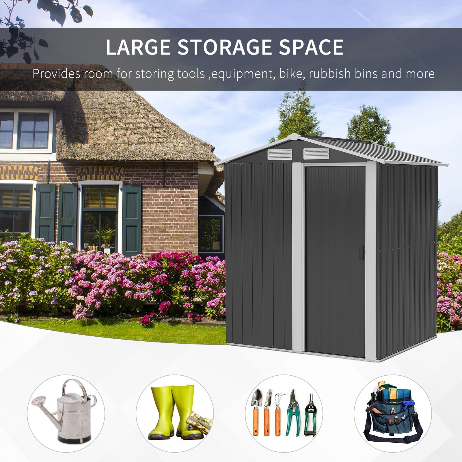 Garden Metal Tool Storage Shed with Sliding Door, Sloped Roof and Foundation Kit, Grey