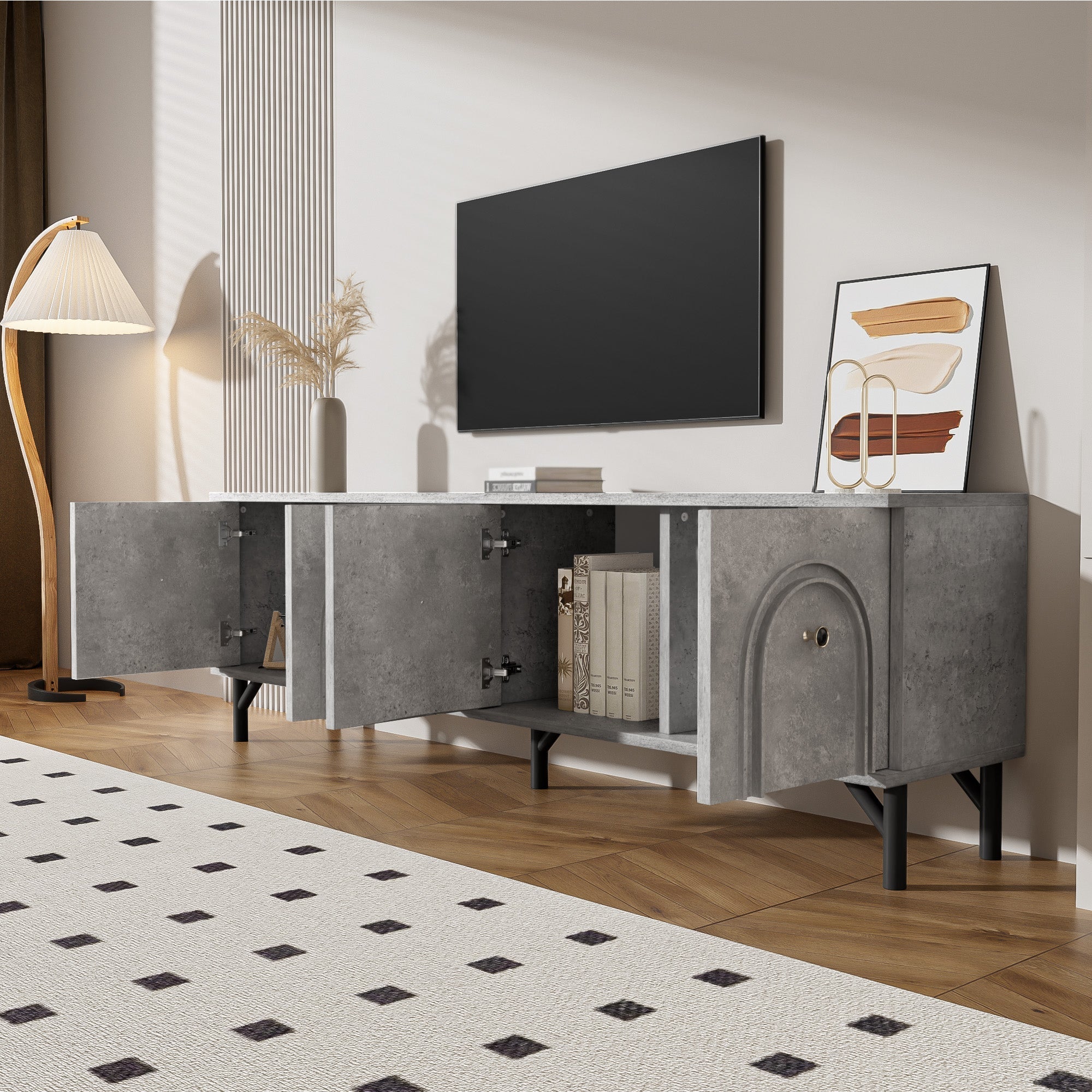 TV Stand, 4-Door 160 cm, Stylish Design, Soft-Close Hinges, Grey
