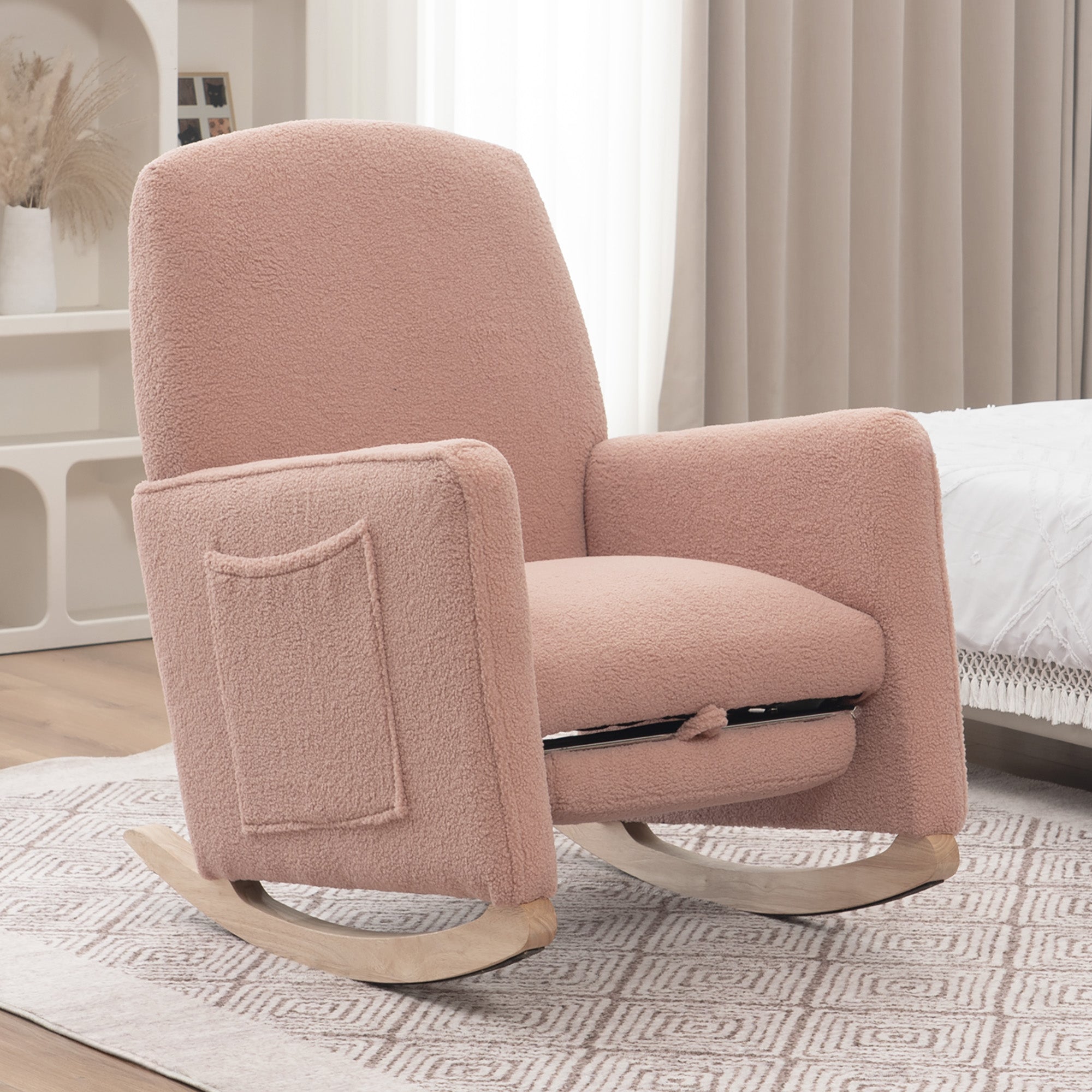 Rocking Chair with Stool, Indoor Recliner with High Backrest, Pink Teddy Fabric