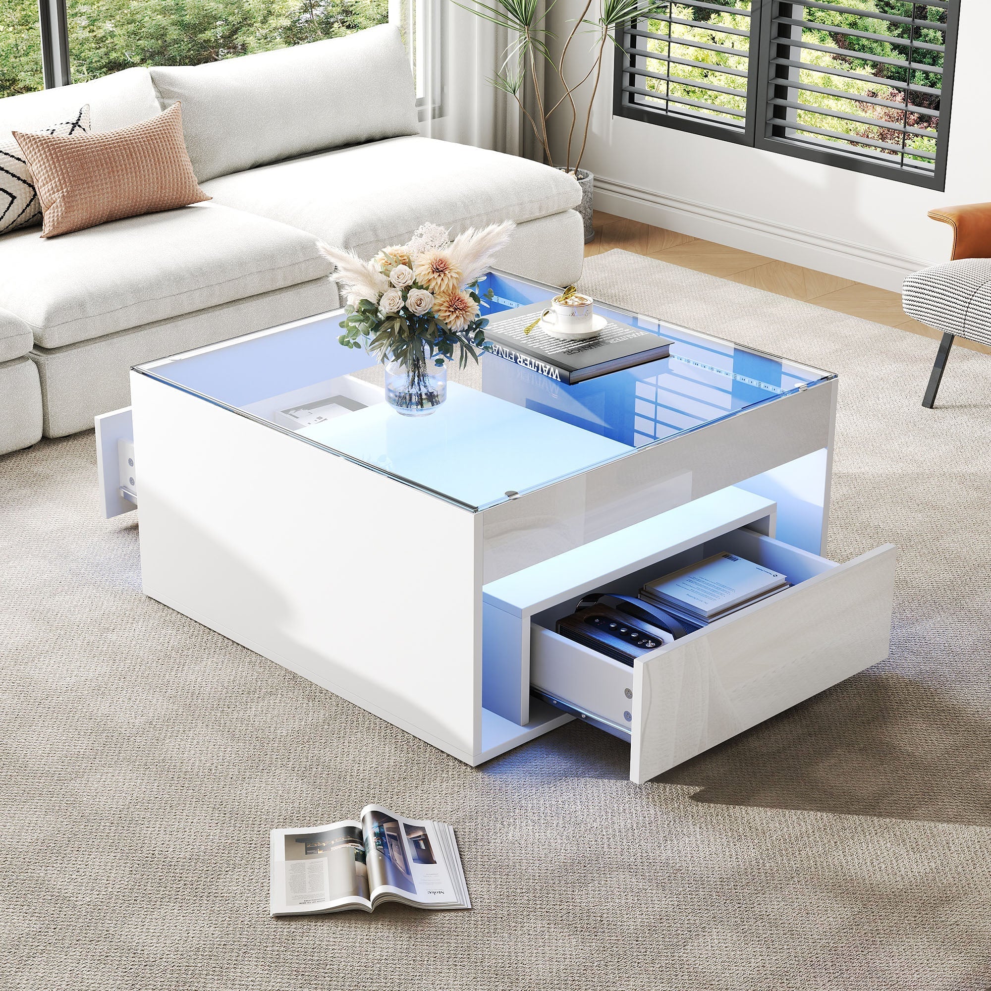 Coffee Table 70x70x35cm High-Gloss LED 2 Drawers Tempered Glass White