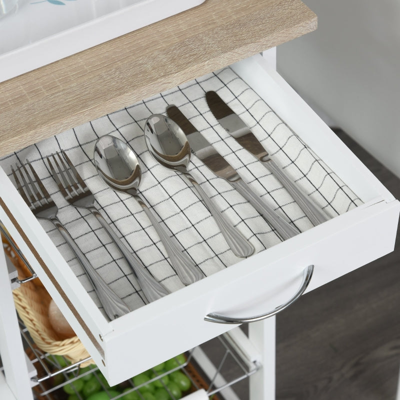 Rolling Kitchen Cart with 4 Basket Drawers & Side Racks, Natural and White