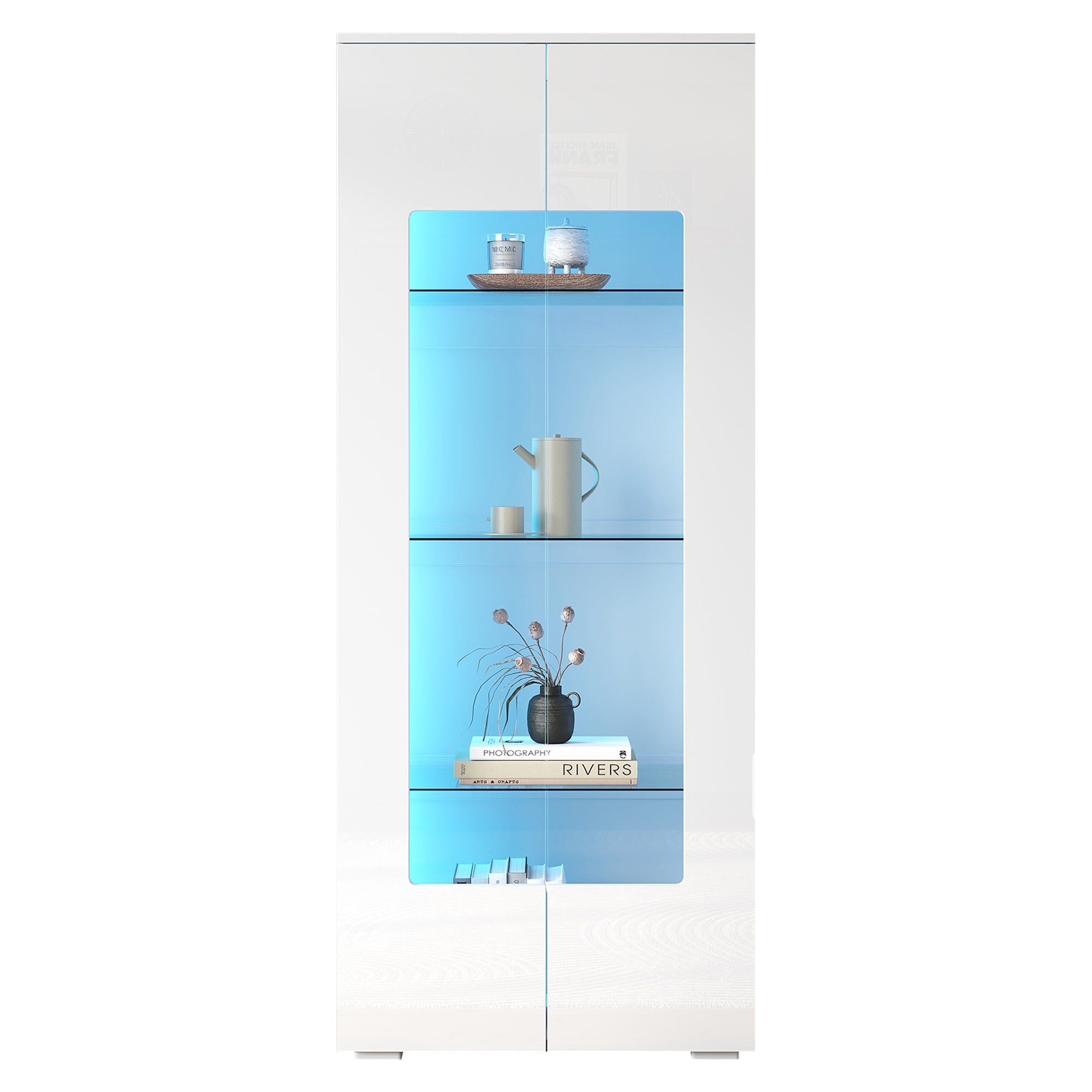 Living Room Display Cabinet, 2 Acrylic Doors, LED Light Strip, Tempered Glass, White MDF
