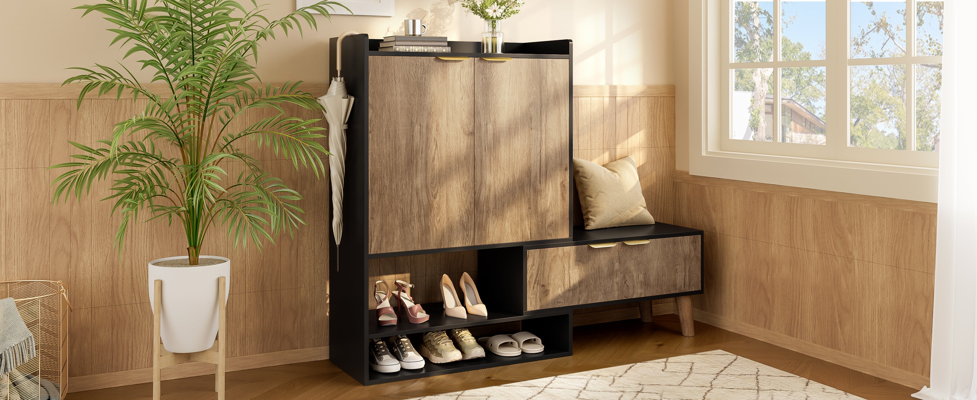 Multifunctional Shoe Cabinet, Extendable Swivel Seat, Large Storage, Open/Closed Shelving, Black + Wood Finish