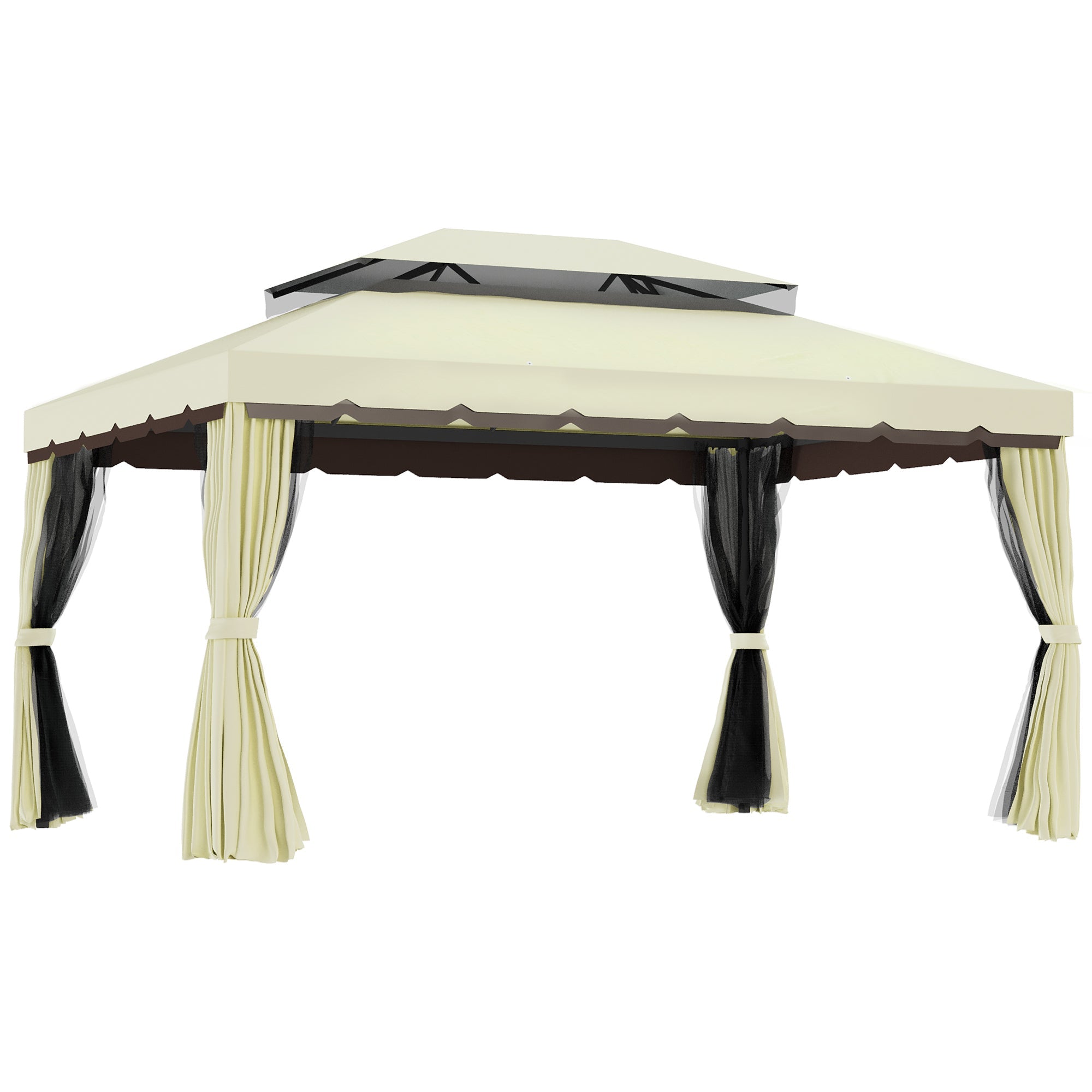 4 x 3 m Garden Gazebo, Double Roof with Netting & Curtains, Aluminum Cream