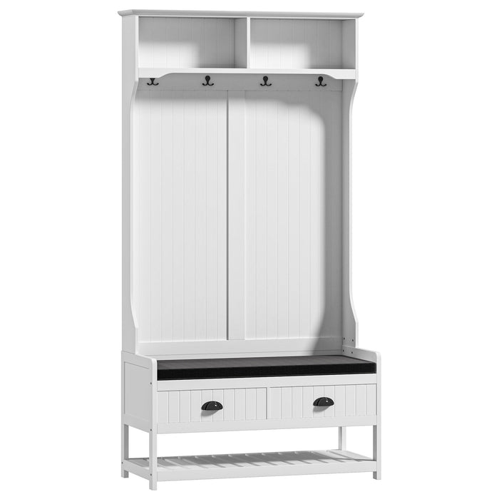 2-in-1 Coat Rack & Wardrobe, Shoe Bench, 4 Hooks, Anti-Tip Protection, White+Grey