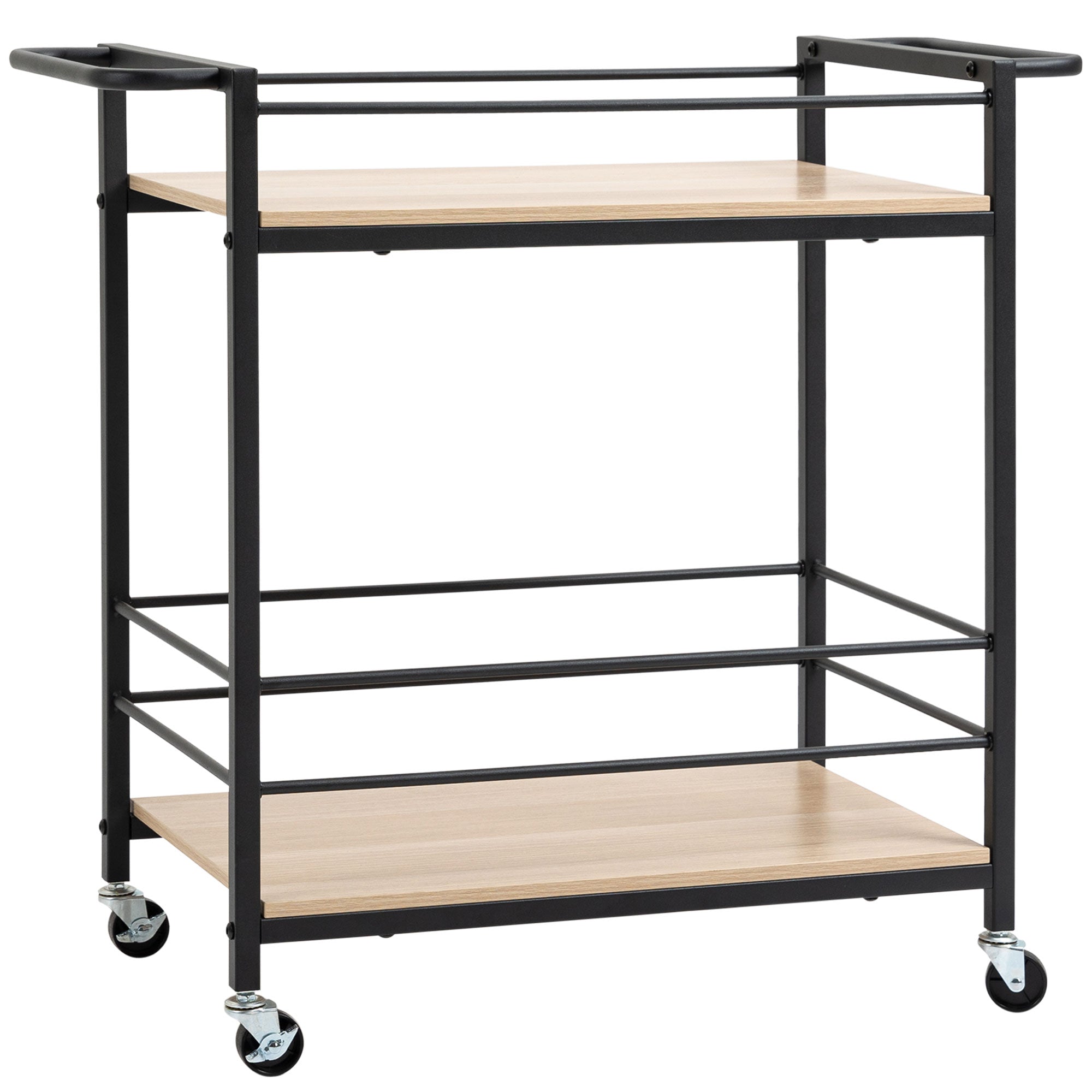 Serving Trolley, 2 Levels with Handle, Casters, Brakes, Wood