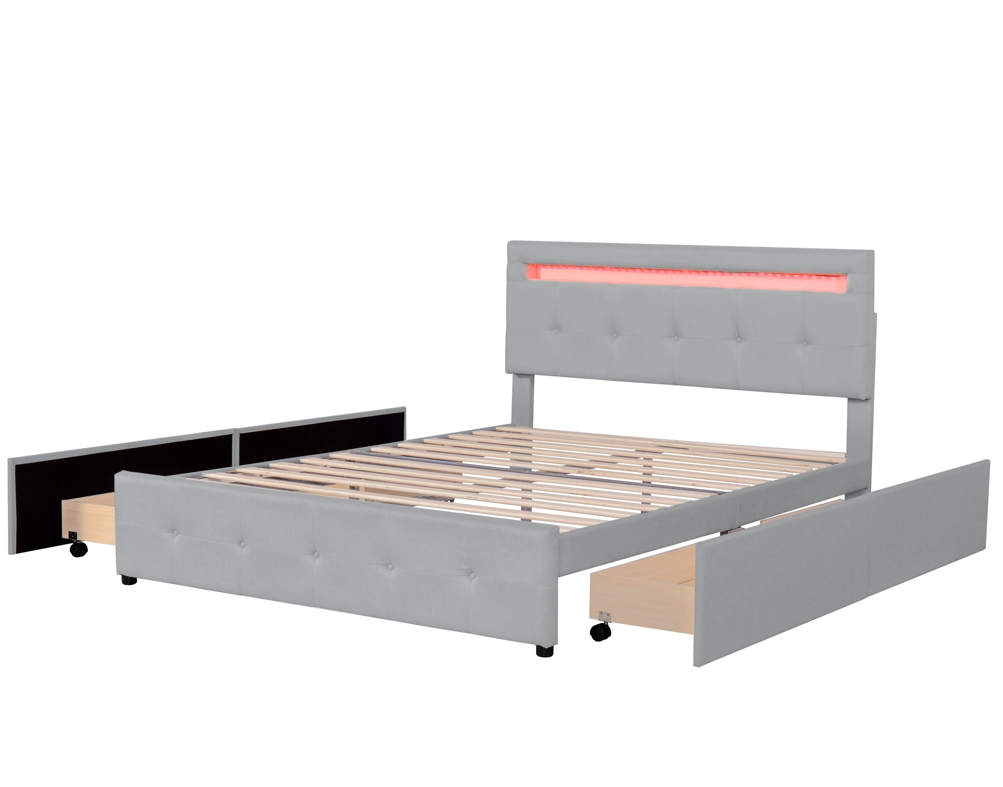 Upholstered Bed, 140x200cm, LED, 4 Drawers, Linen, Grey