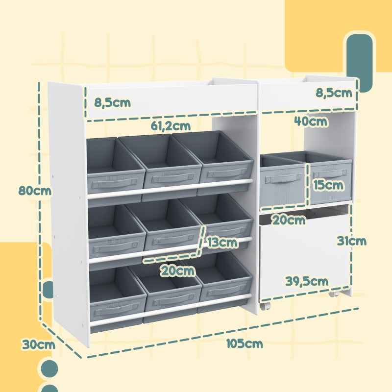 Children's Storage Shelf 11 Fabric Boxes Top Compartments - White