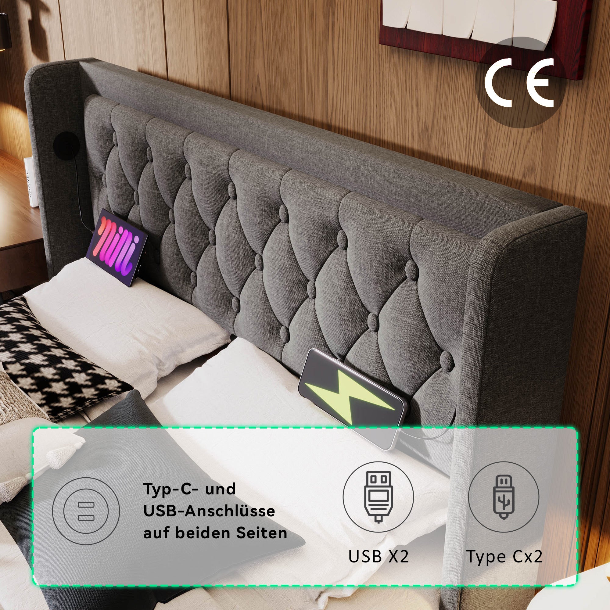 Upholstered Bed, Double with Hydraulic Storage & LED, Gray Cotton