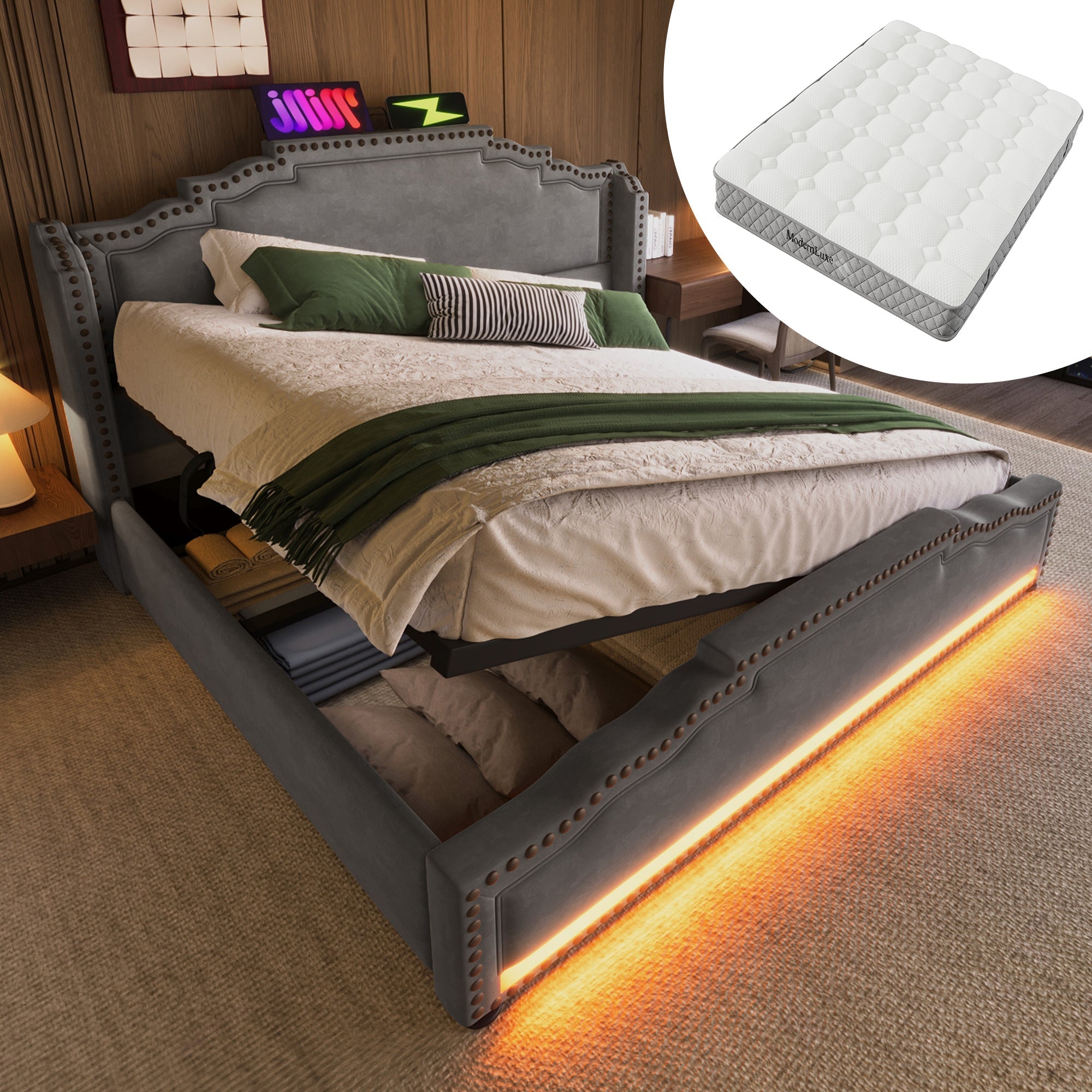 Upholstered Bed 140x200 Hydraulic Storage LED USB-C Slatted Base, Velvet Grey with Mattress