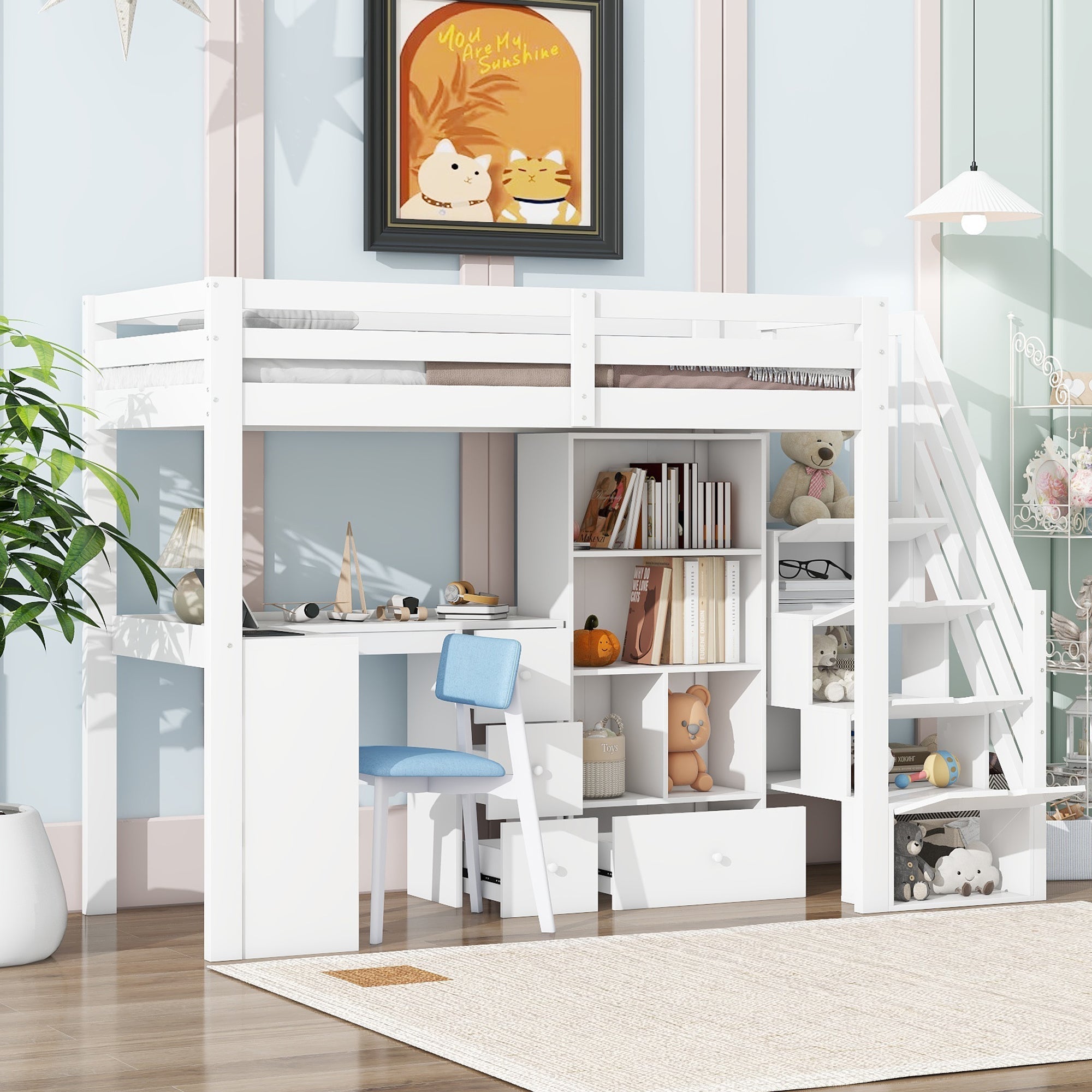 Loft Bed 90x200cm Desk Drawers Storage Stowable Ladder EN 747 Certified White