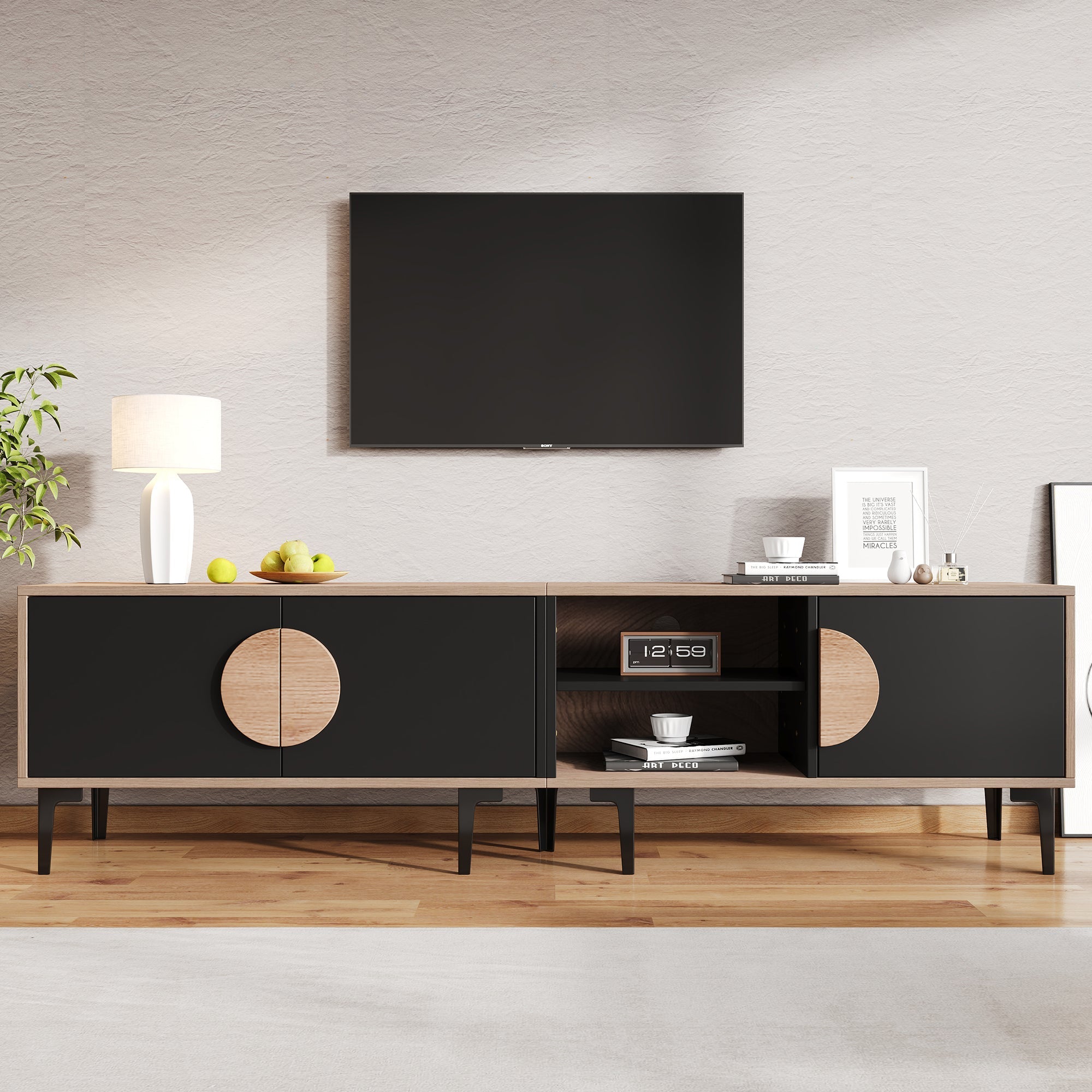 TV Cabinet Lowboard 180cm 2 Cabinets Open Shelves for 80 Inch TV - Wood/Black