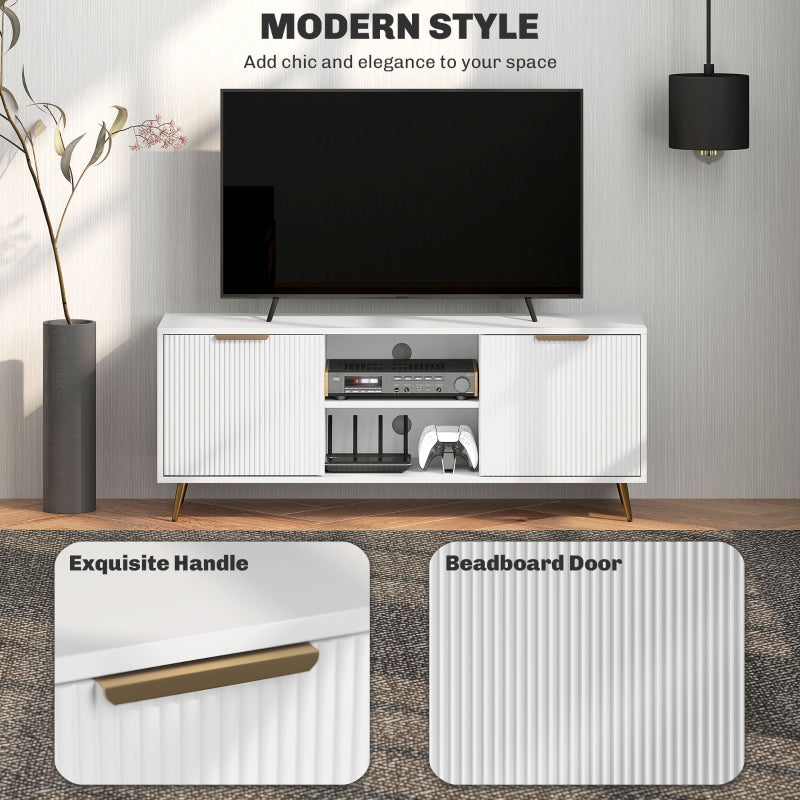 Modern TV Stand Cabinet, 55" TV Unit with 2 Shelves & 2 Cabinets, Engineered Wood White