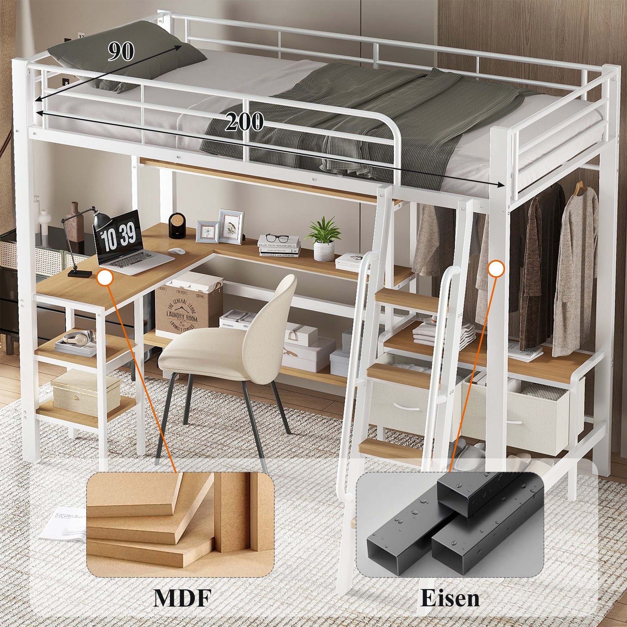 Loft Bed with Desk, Storage, Slanted Staircase, 90x200cm, Iron/MDF White/Natural