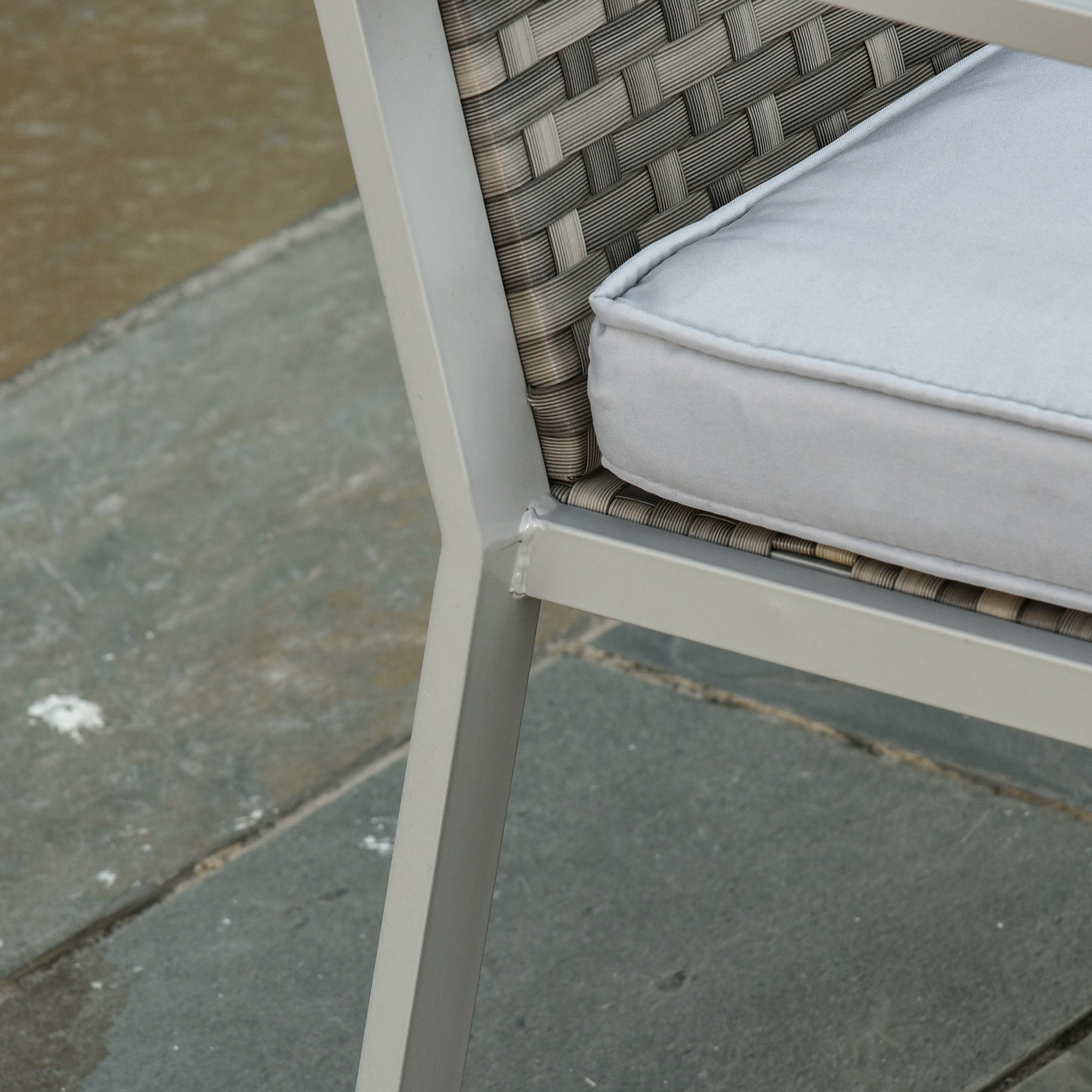 4PC Rattan Garden Furniture Set with 2 Single Chairs, 1 Bench, and Coffee Table, Grey Wicker Weave