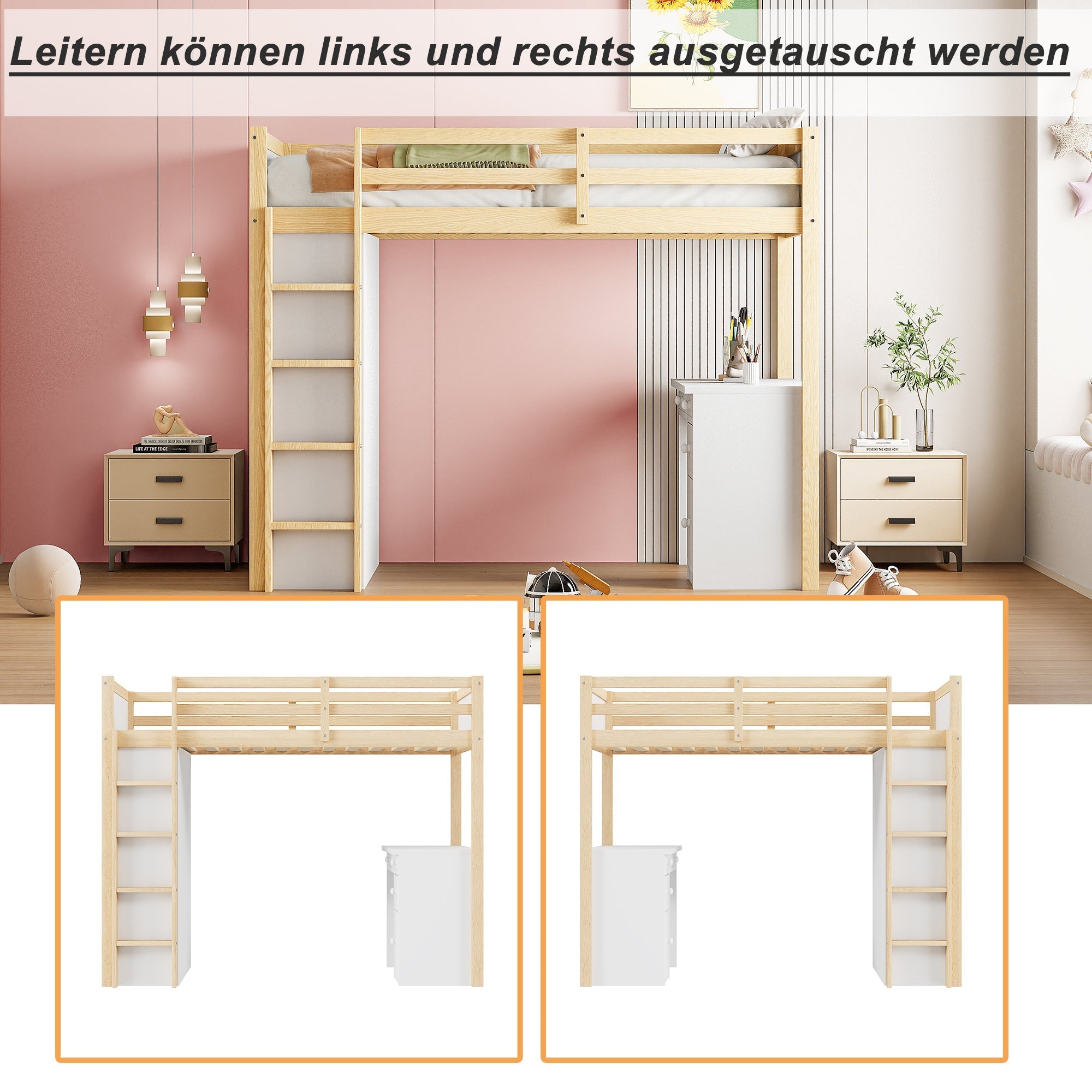 Loft Bed, Multifunctional with Storage & Desk, 90x200cm Wood