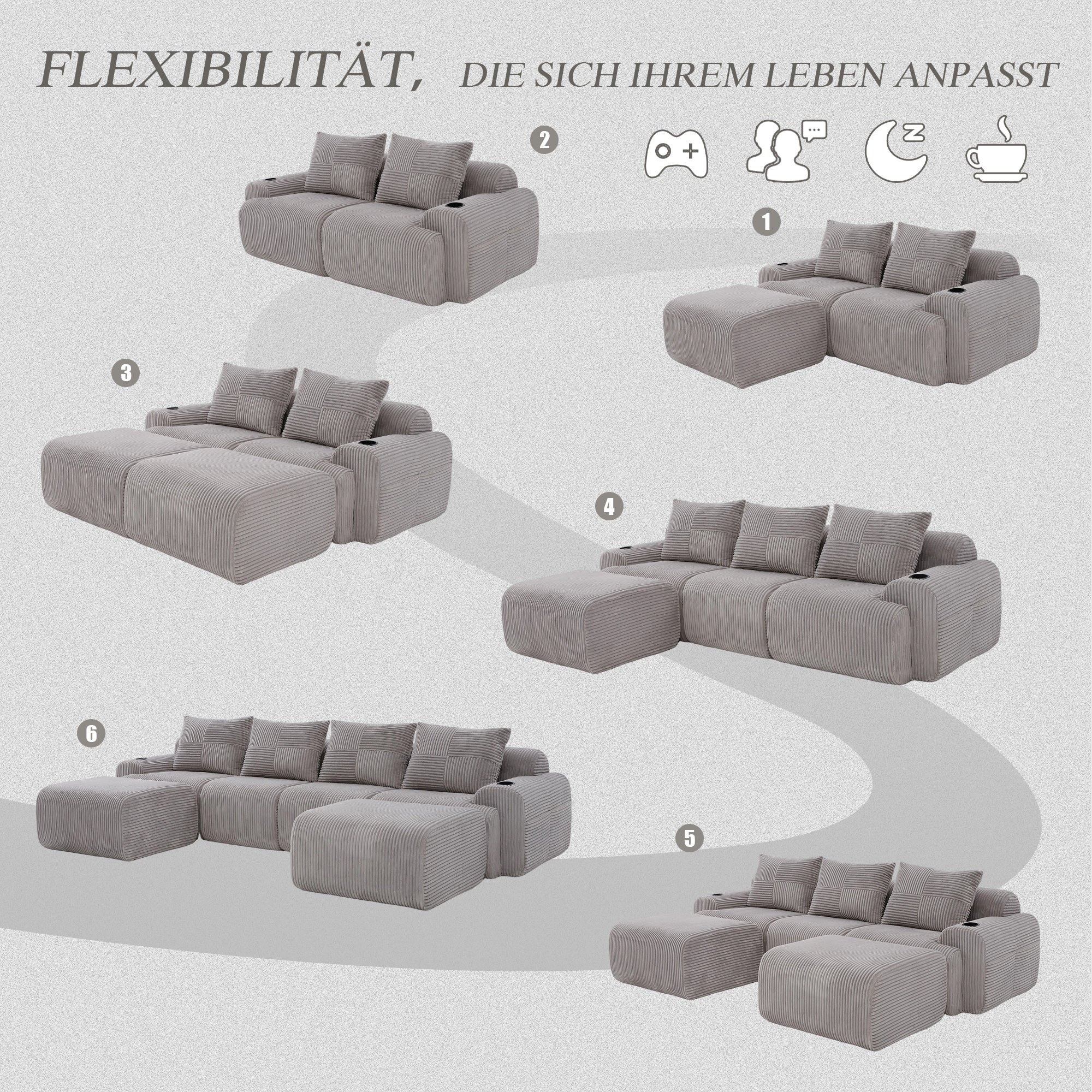 Modular Sofa - 4 Seater 2 Ottomans Cup Holders Storage Corduroy - Light Grey