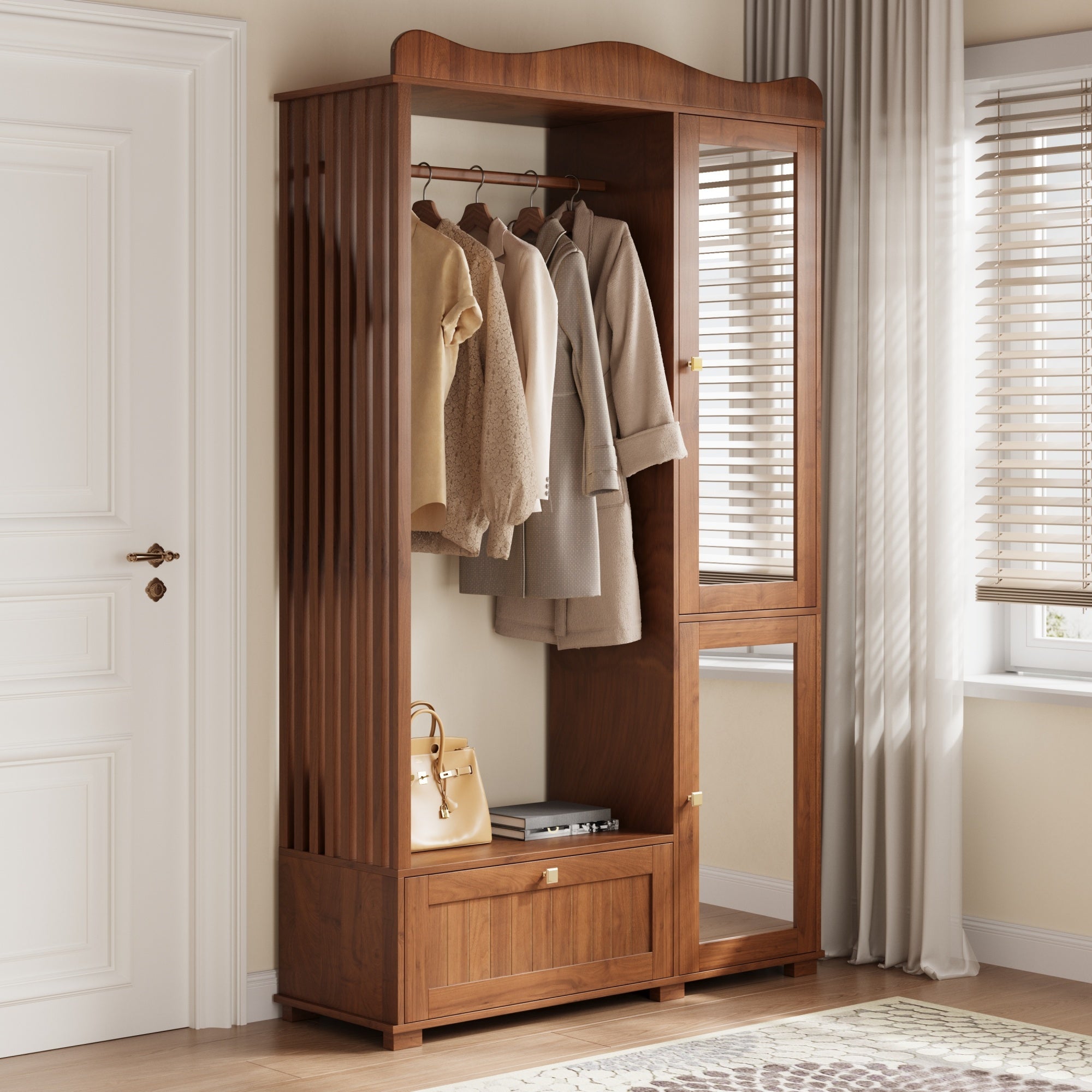 Wardrobe with Mirror and Open Clothes Rack, Drawer and 2 Doors, Natural Wood and Glass