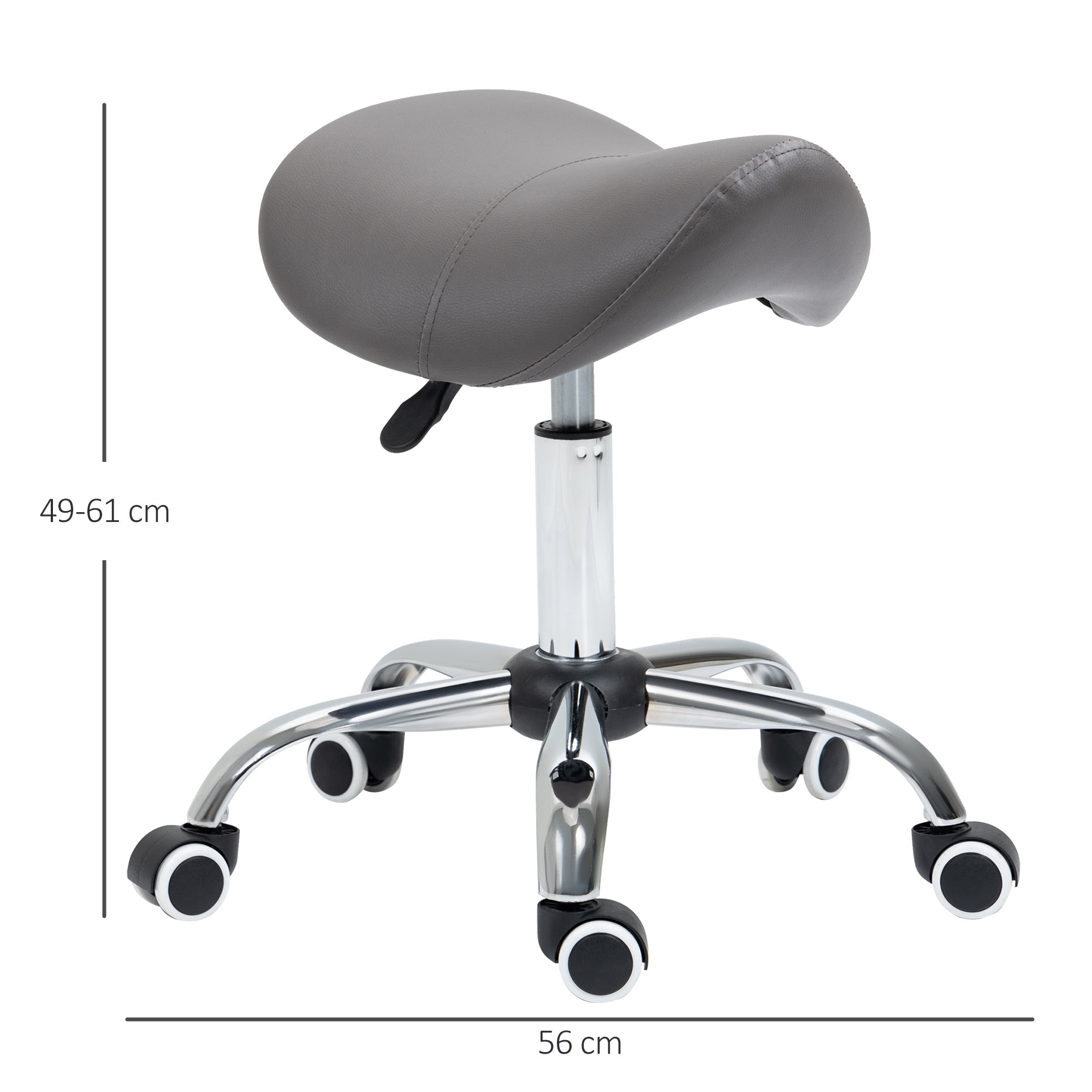 Cosmetic Saddle Stool, 360° Rotate Height Adjustable Rolling, Faux Leather Grey