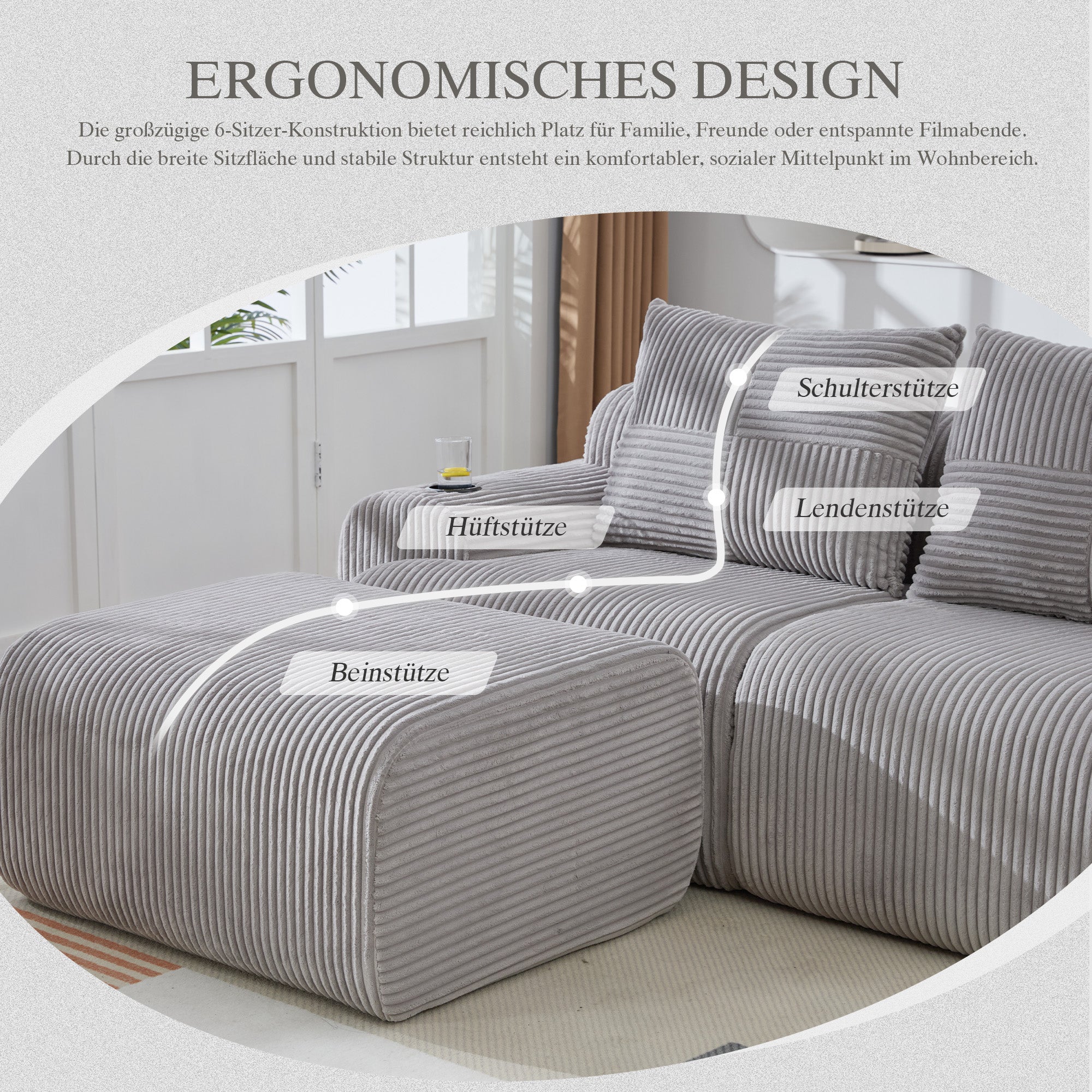 Modular Sofa for 2 People, Freely Combinable with Ottomans and Cup Holder, Light Grey Corduroy