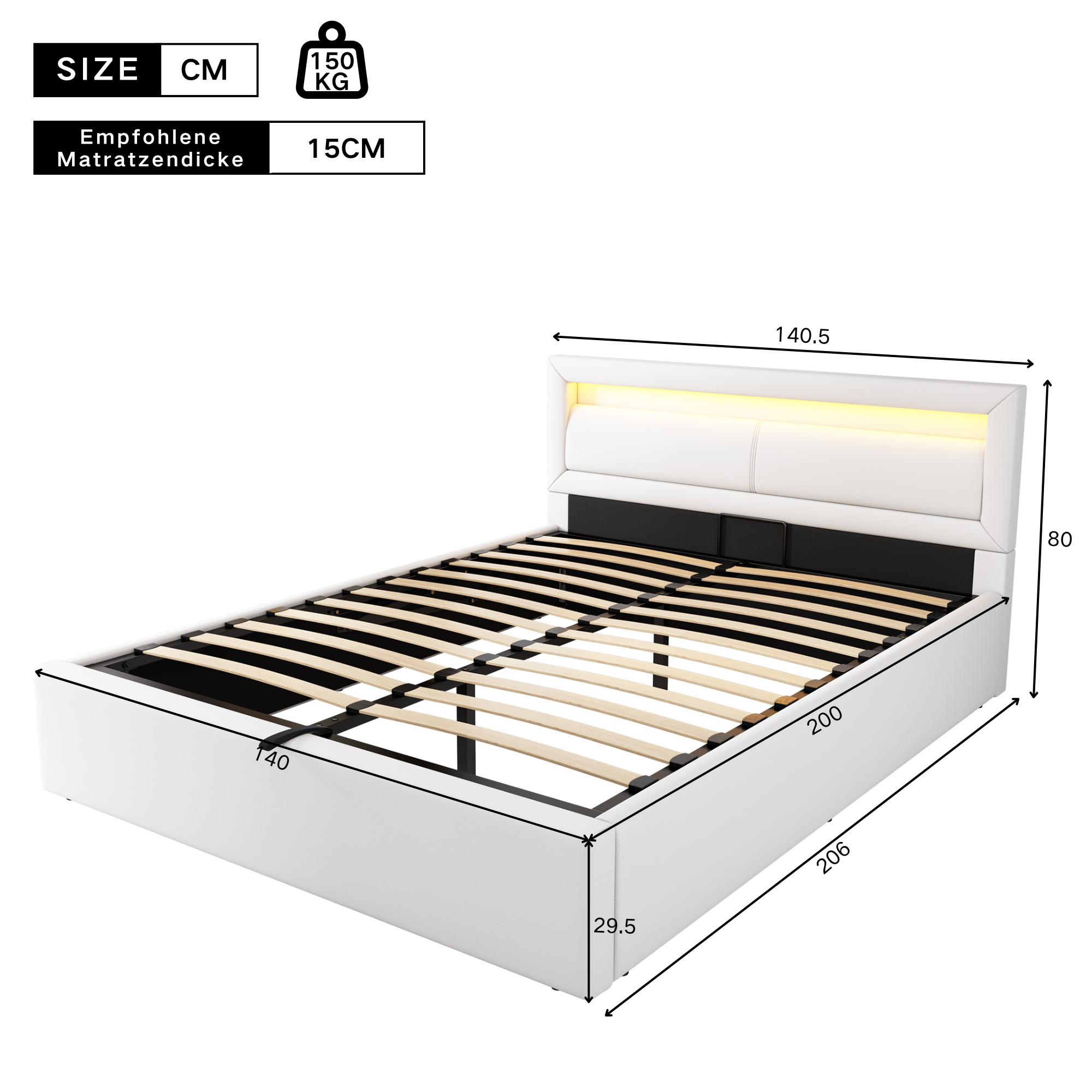 Upholstered Bed 140x200cm LED Storage Slatted Frame - White Faux Leather