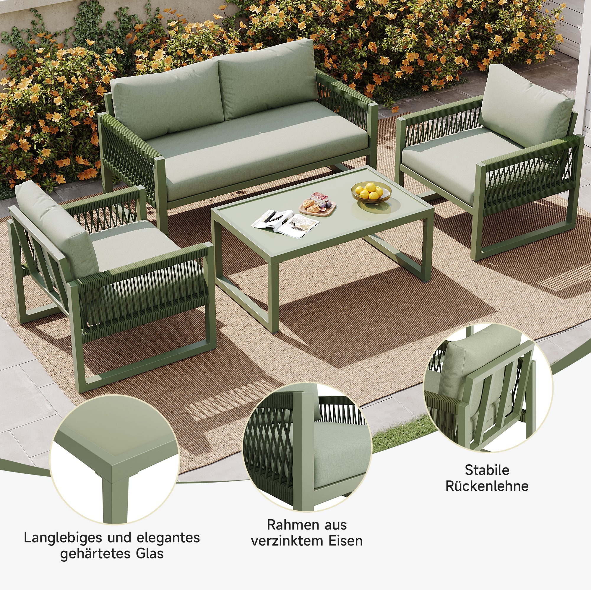 Garden Lounge Chair Set 4-Piece Rope/Iron Frame Glass Top - Green