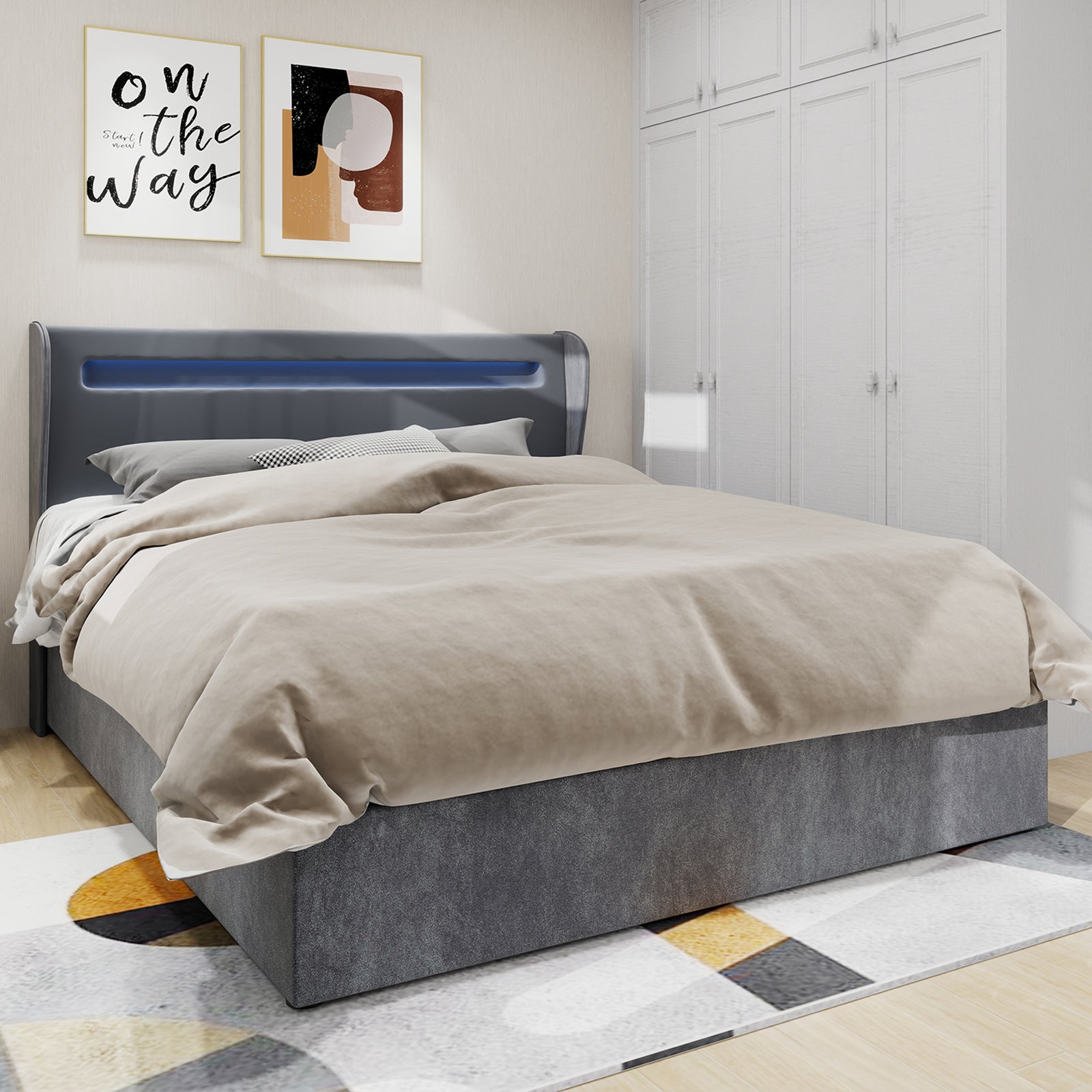 Modern Minimalist Upholstered Bed, LED Headboard, 160x200cm, Grey