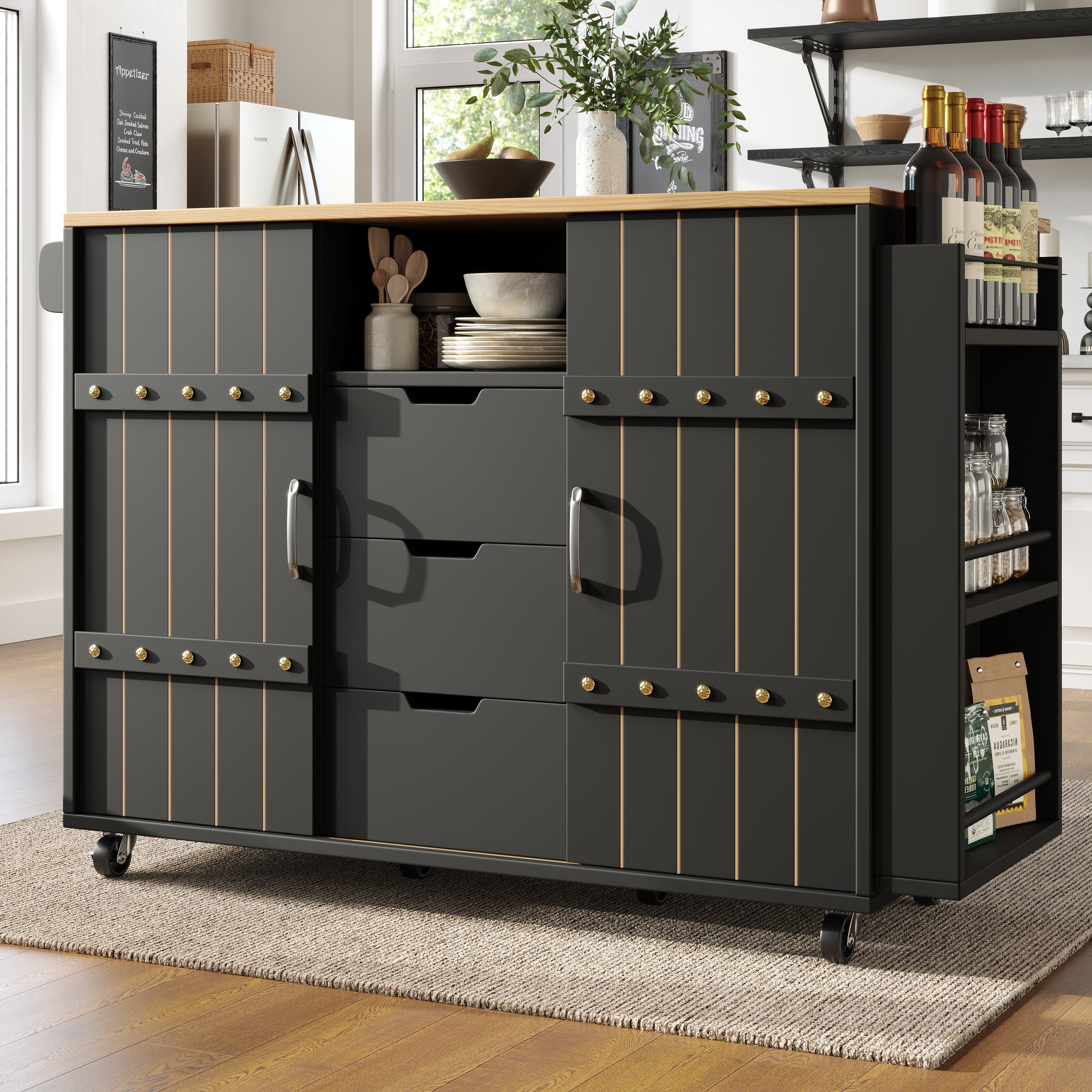 Kitchen Serving Cart Mobile Island with Worktop Sliding Doors Drawers Spice Rack Black