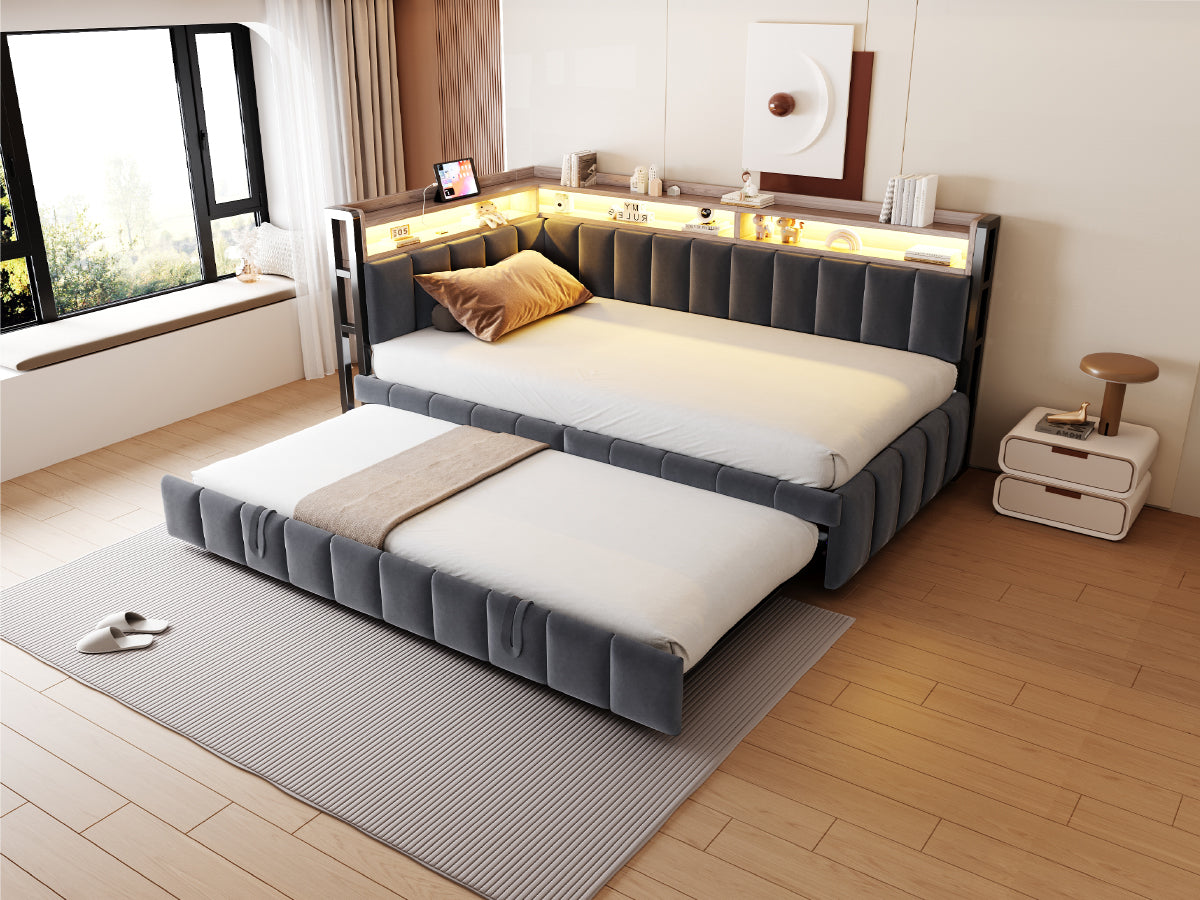 Upholstered Sofa Bed 90x200cm Pull-out LED Storage USB/Type-C, Dark Grey Velvet Fabric