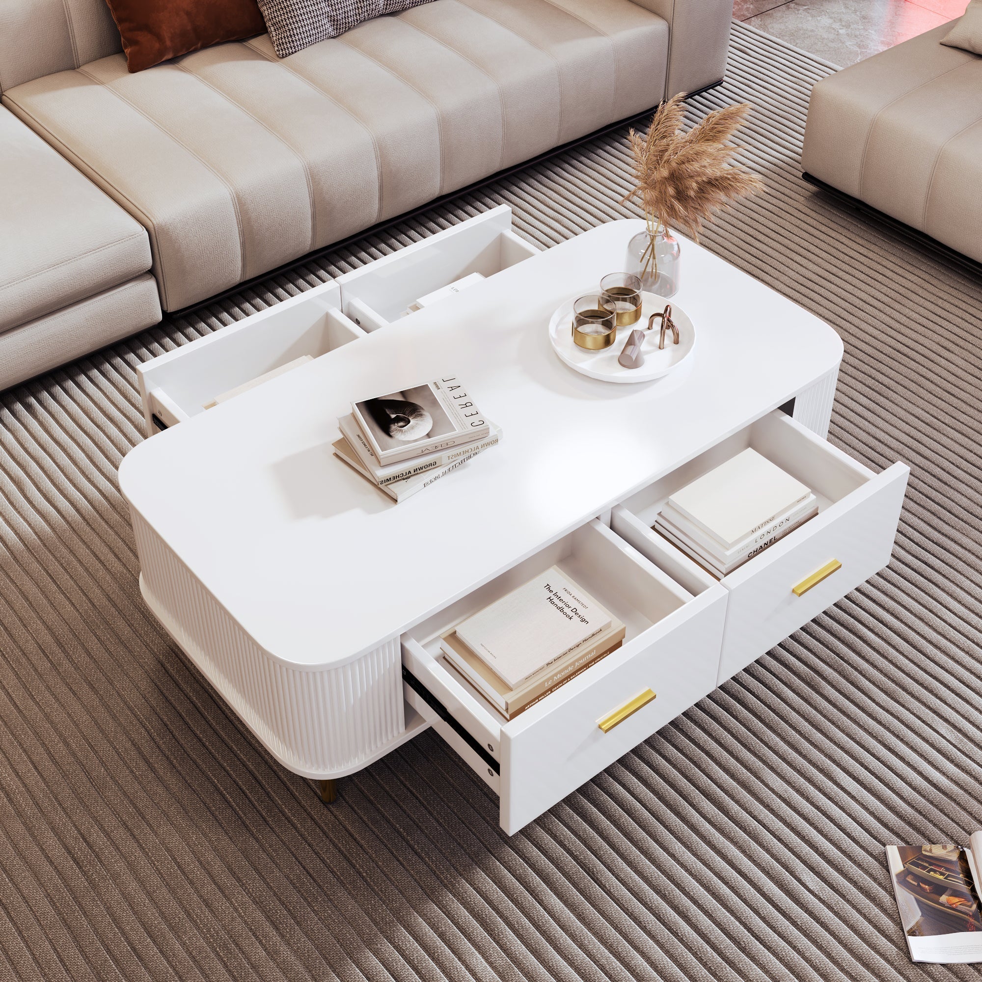 Coffee Table with Drawers, Curved Corners, Wavy Sides, Gold