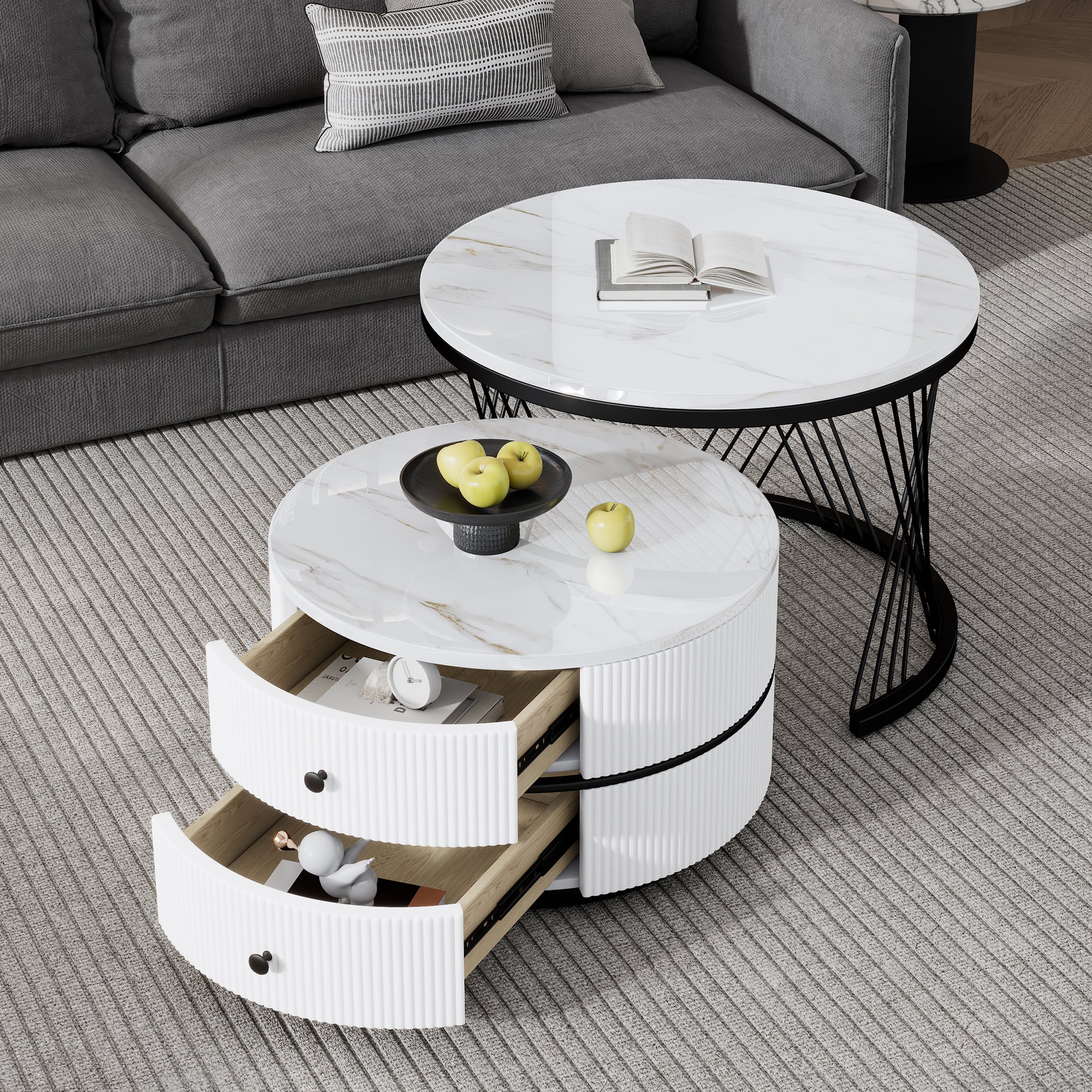Elegant 2-Piece Nesting Coffee Table Set, Round High-Gloss Marble Look with 2 Drawers, White