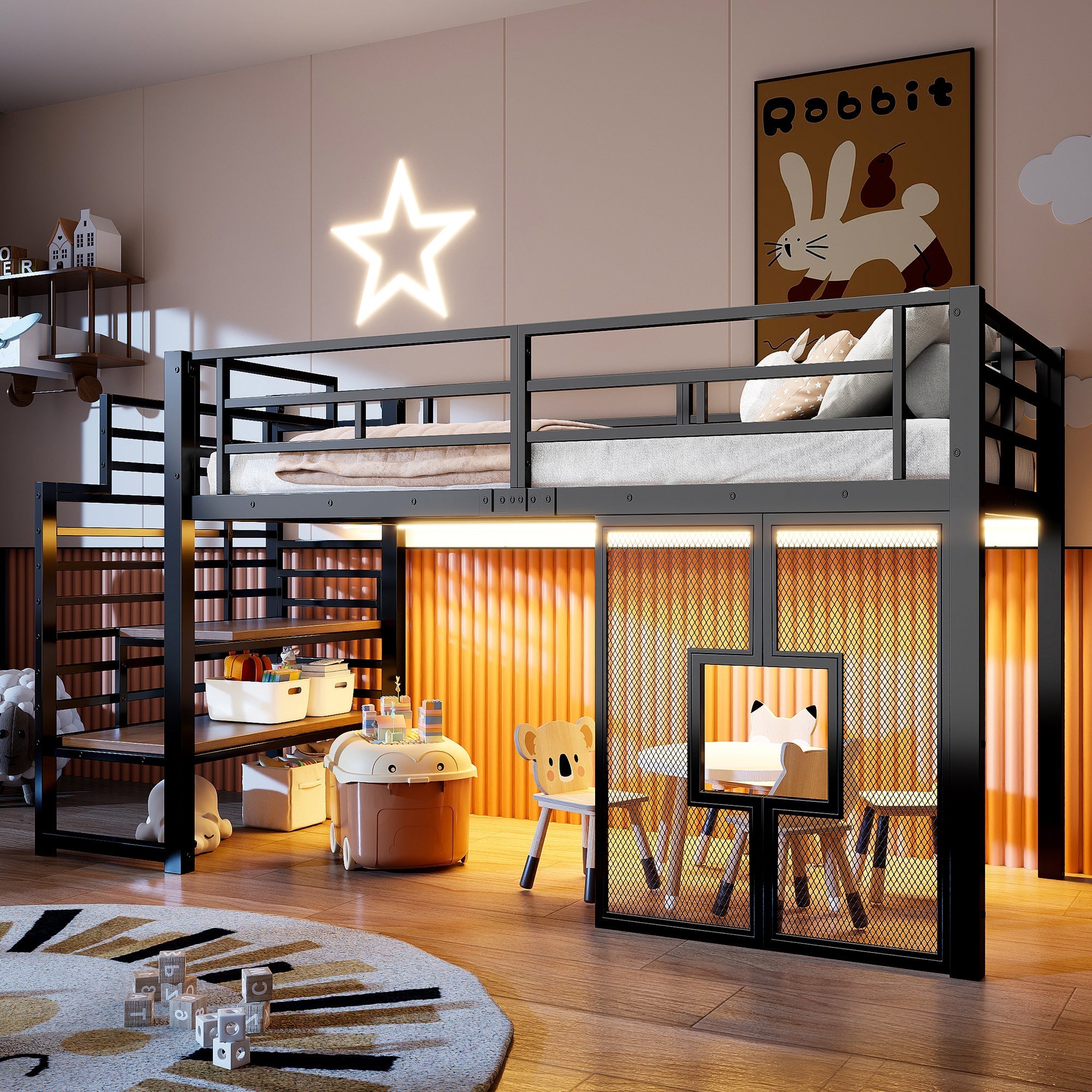 Metal Loft Bed with Stairs, Storage, LED Lighting and Windows, 90x200 cm, Black