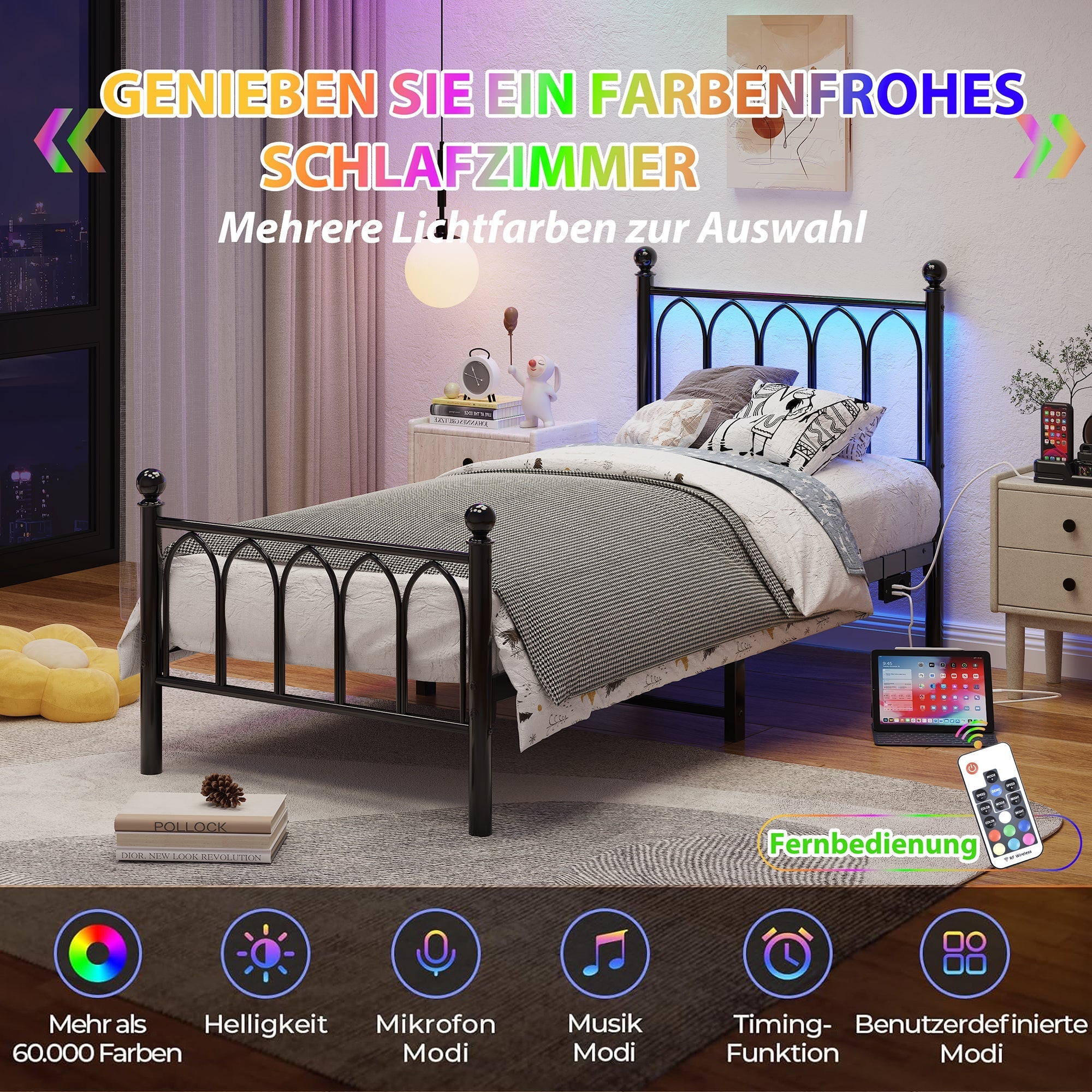 Metal Bed Frame with USB, LED, Vintage Headboard and Footboard, Black