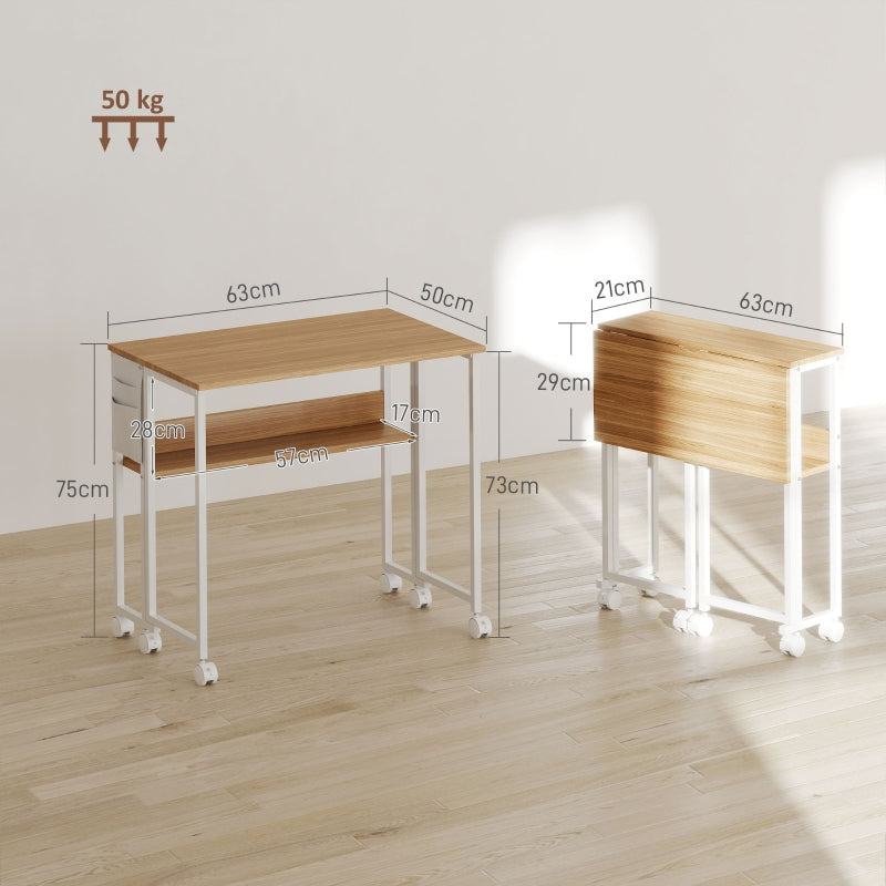 Folding Desk small 63 cm with wheels, shelf, storage bag, natural