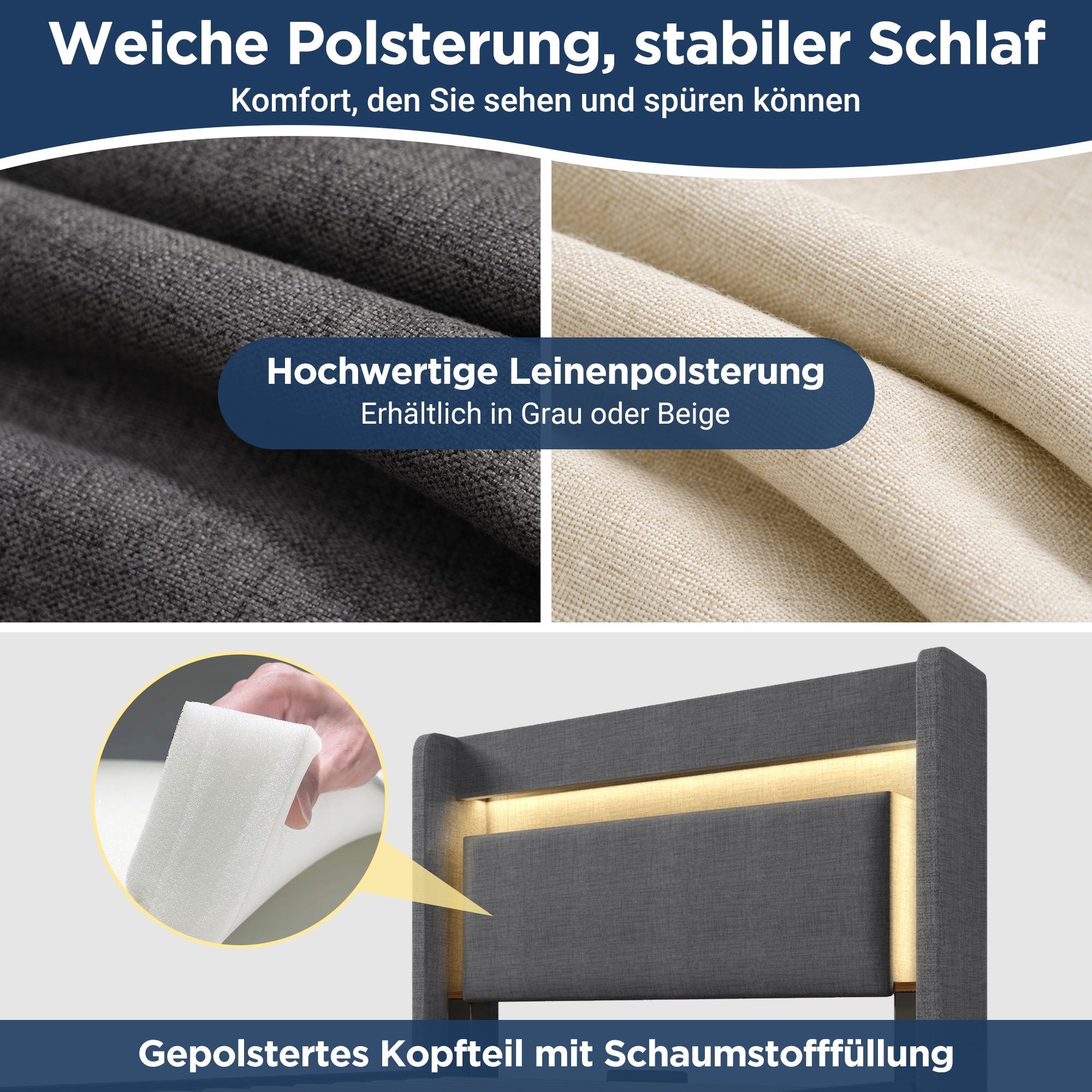 Upholstered Bed 90x200cm Hydraulic Storage Headboard LED USB/Type-C Ports Linen Grey (With Mattress)