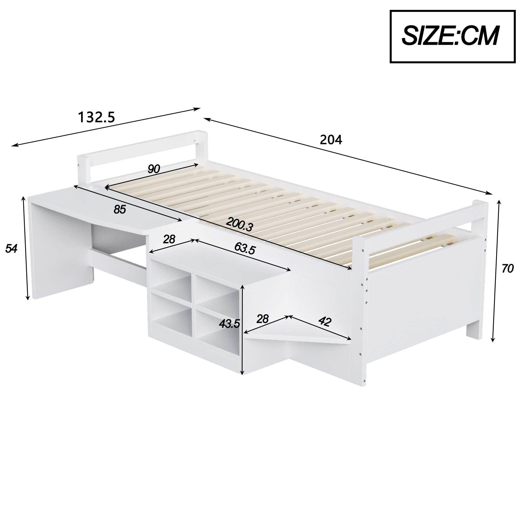Children's Bed 90x200cm, Storage & Desk with Sockets, Wooden White