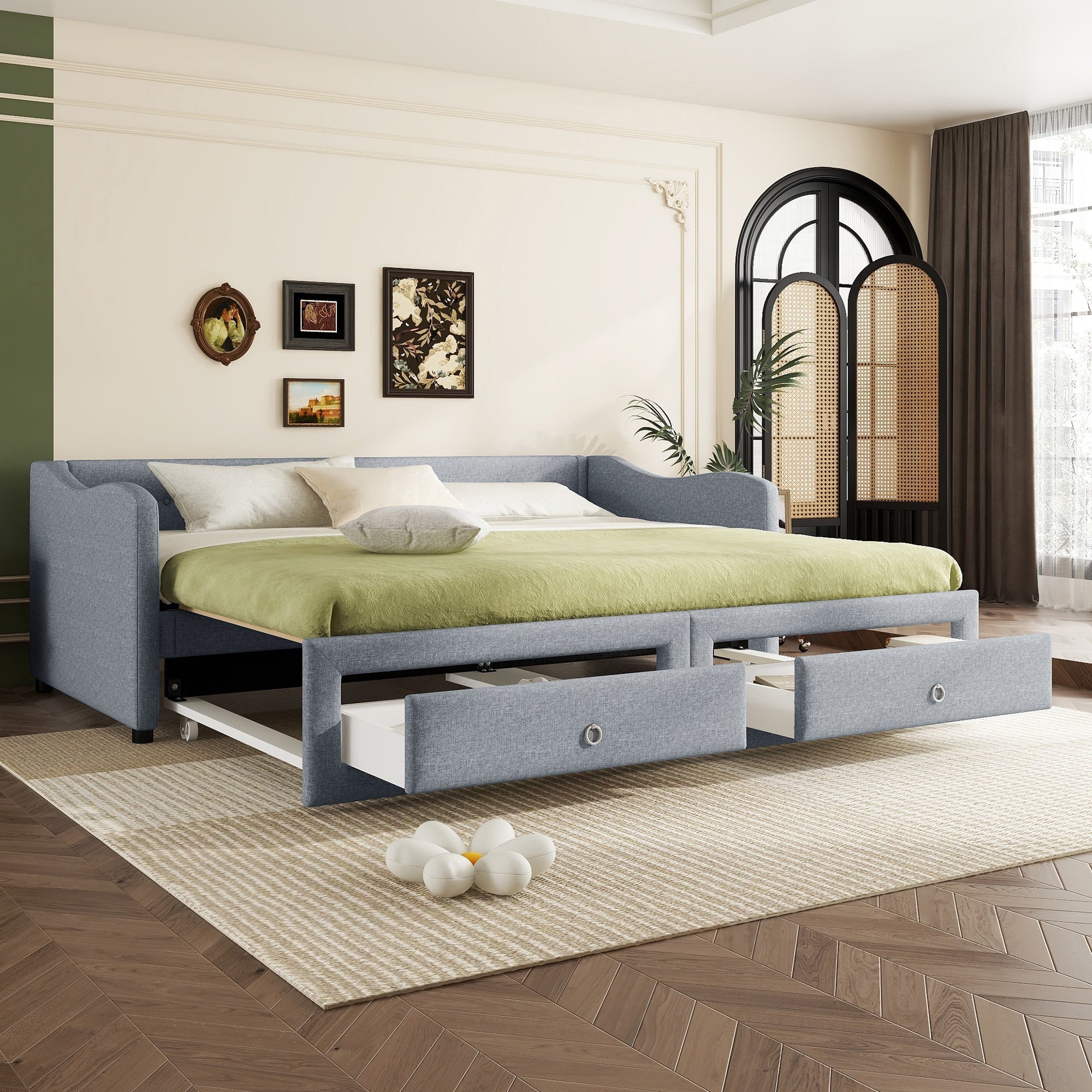 Daybed Sofa Bed 90x200cm Pull-out Bed 2 Drawers - Linen Grey