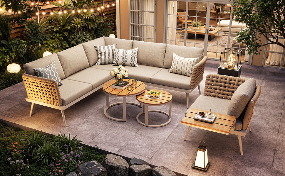 Six-Seater L-Shaped Garden Sofa Set with Hand-Woven Armrests and Coffee Tables, Grey and Beige
