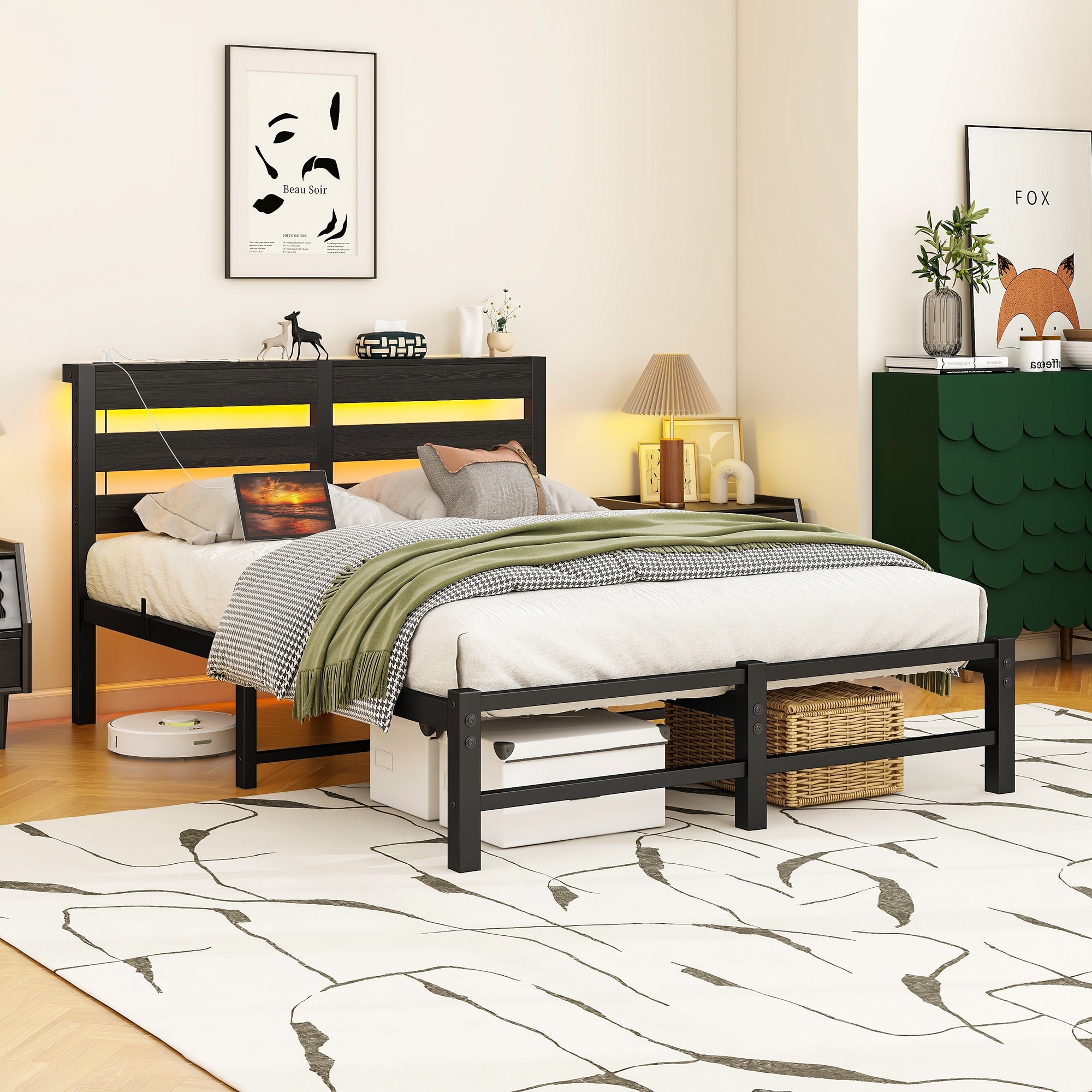 Metal Bed 120x200 LED USB Charging Under-Bed Storage - Metal