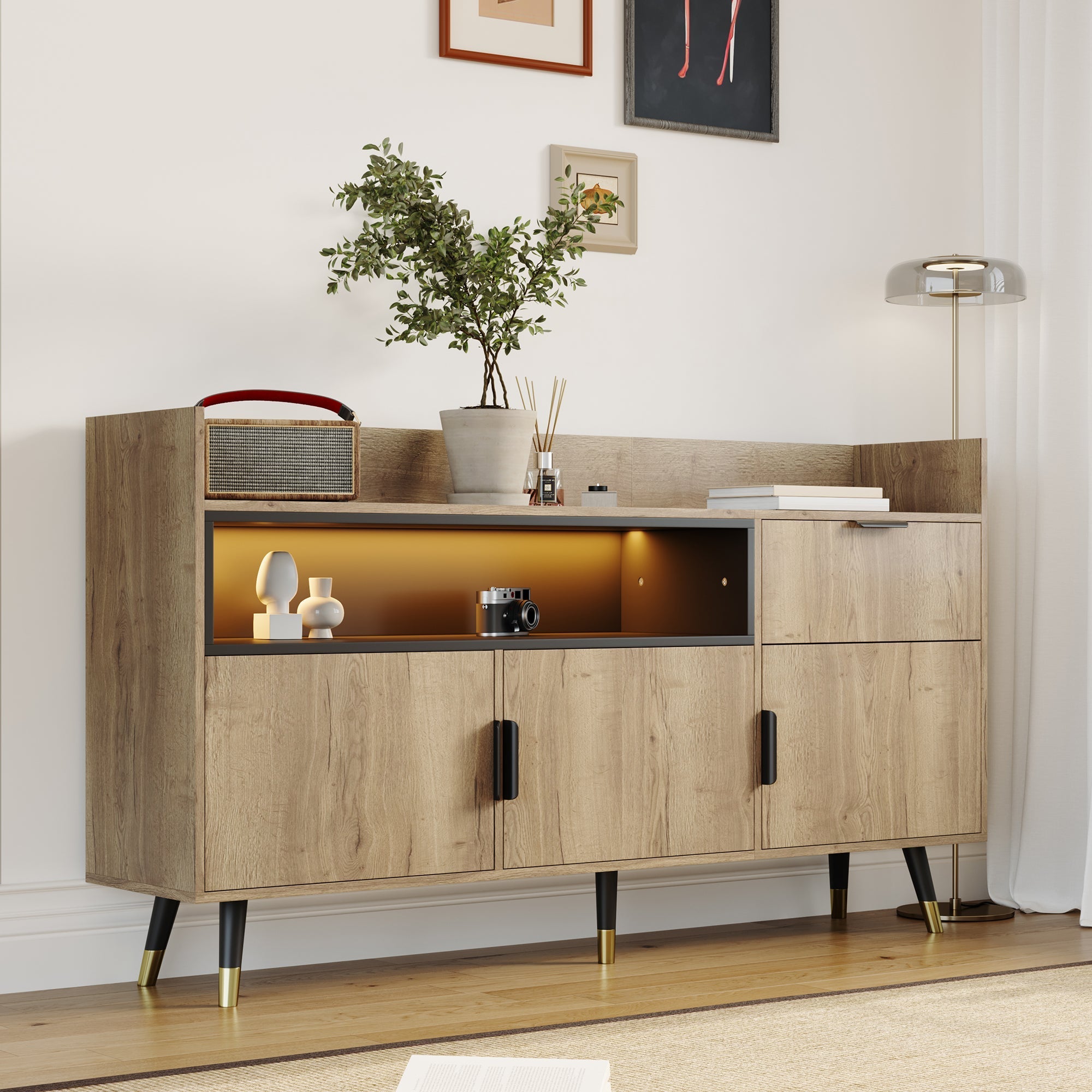 Modern Minimalist Sideboard with Open Shelves, Drawers and Swing Doors, Wood and Metal