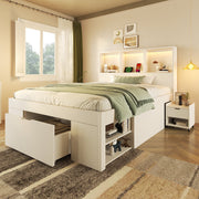 Functional Bed with LED Lighting, USB-C Charging and Storage, White Wood